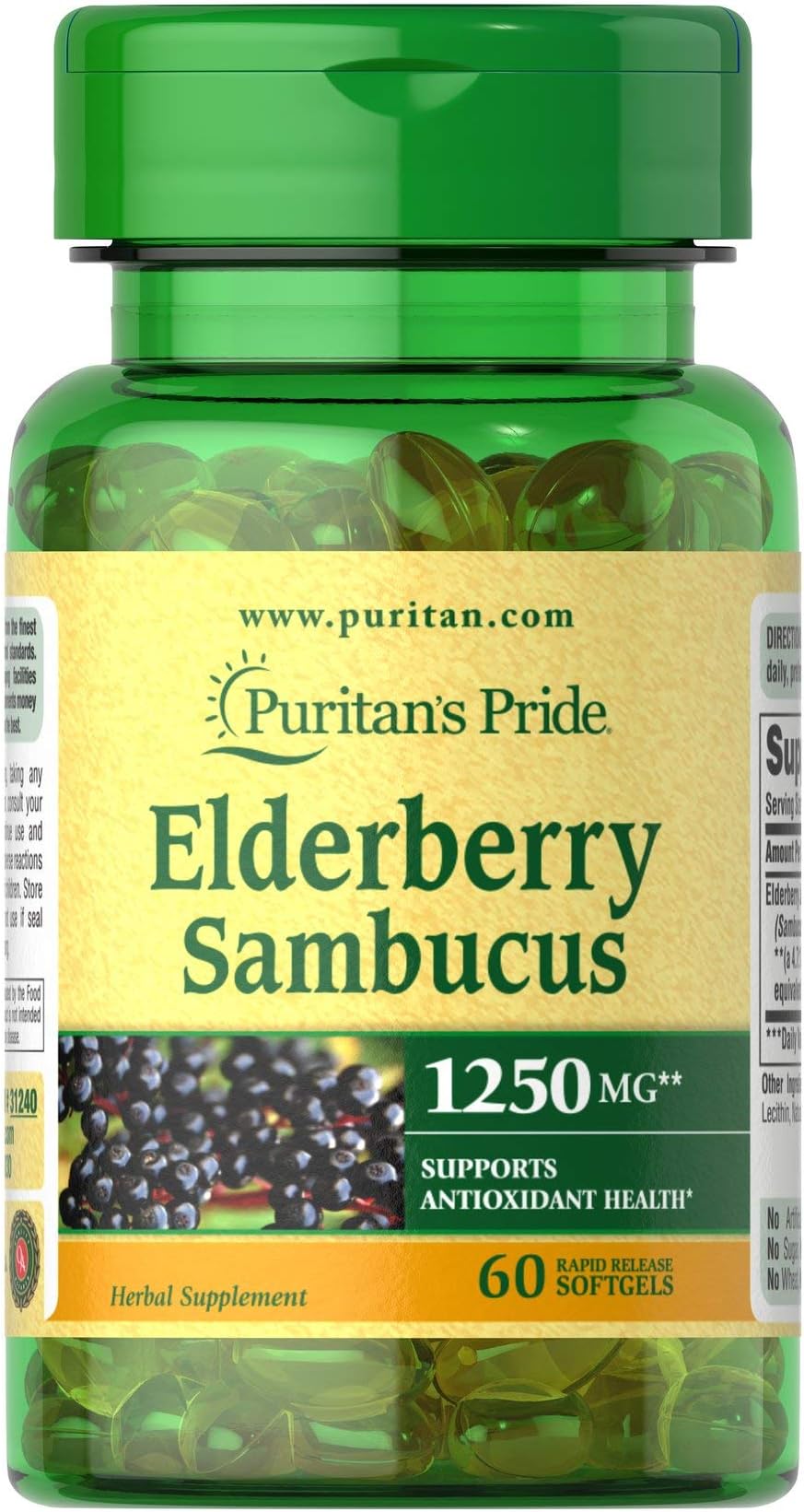 Elderberry Sambucus by Puritan's Pride, Supports Antioxidant Health, 1250mg, 60 Softgels (31240)