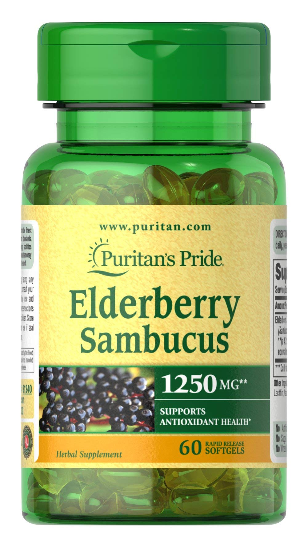 Elderberry Sambucus by Puritan's Pride, Supports Antioxidant Health, 1250mg, 60 Softgels (31240)