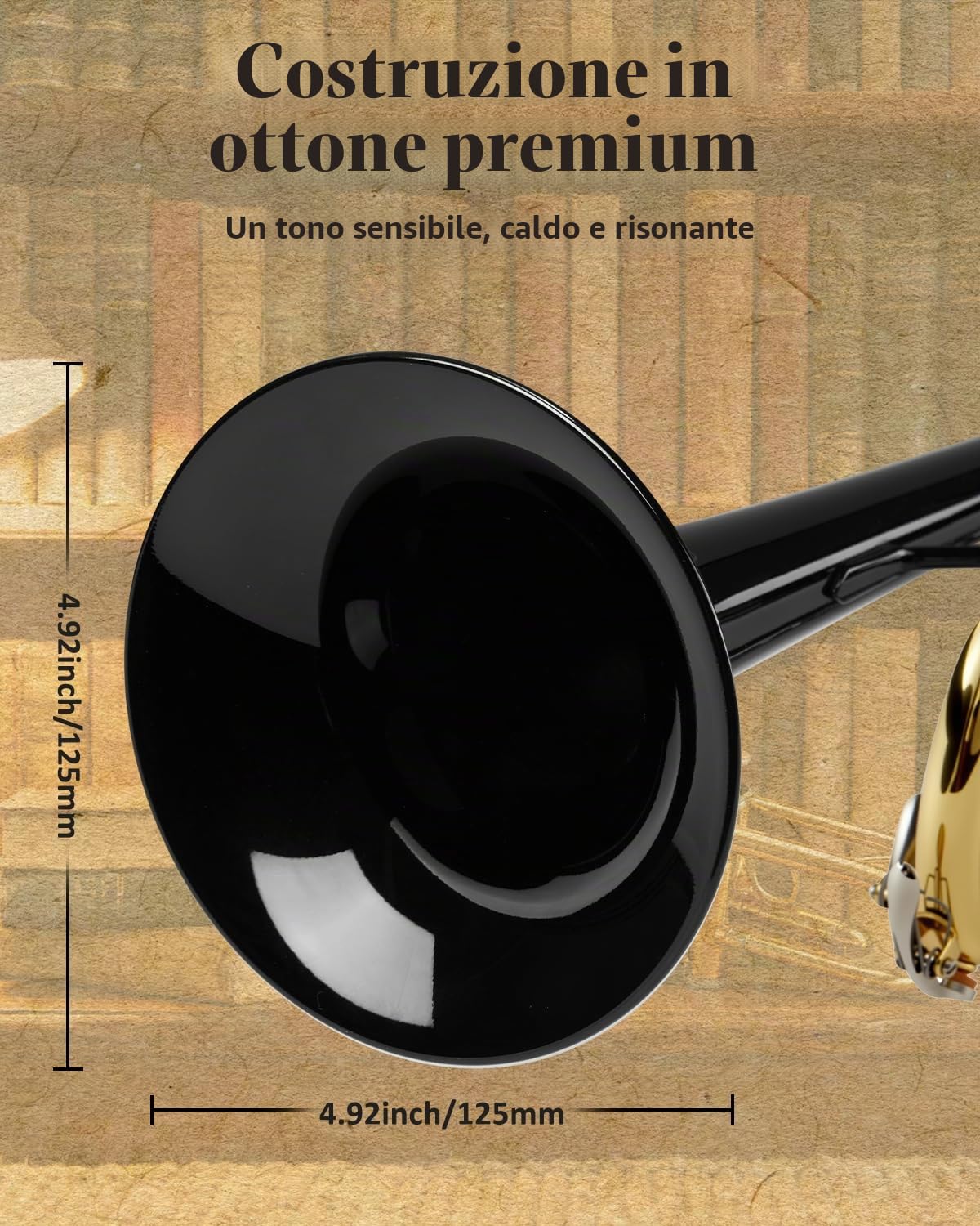 STRICH Set di tromba standard in Sib per principianti, tromba per studenti in ottone con custodia rigida, kit di pulizia, bocchini 7C e 3C, guanti, STR-130B Nero e dorato
