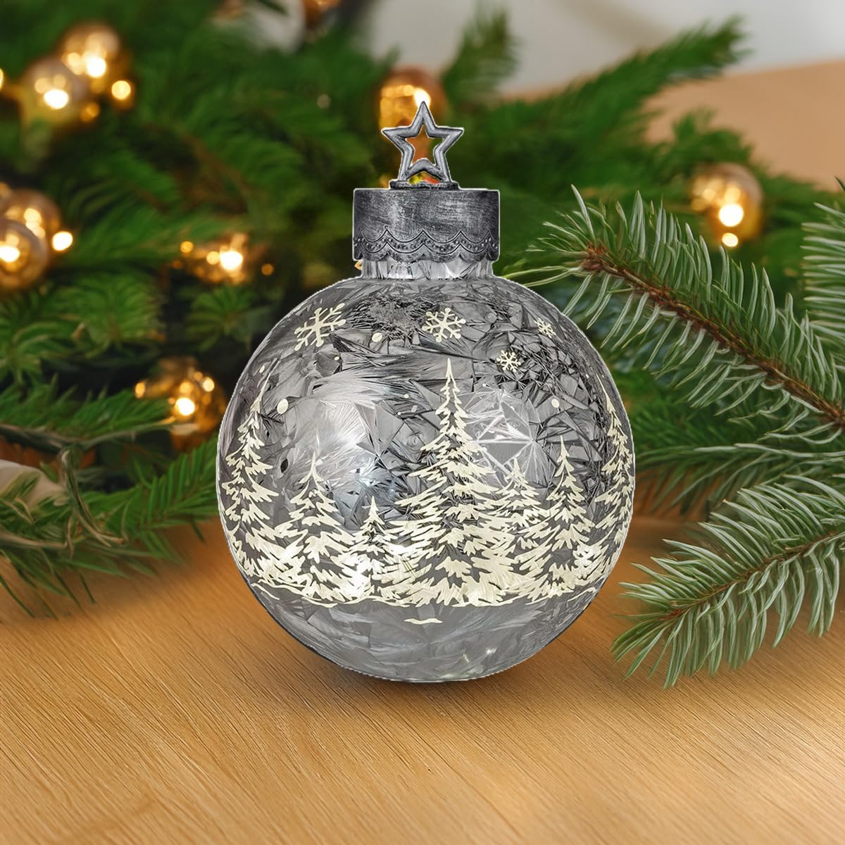 formano Deko-Kugel Silber- Frosty 29cm mit LED Licht Timer Beleuchtete Glaskugel - Weihnachtsdekoration Tisch Regal Deko-Kugel 6h/18h Timer Weihnachtskugel zum Stellen