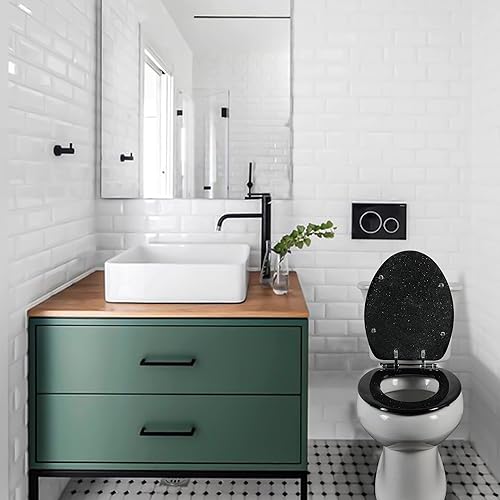 Miniatura 7 de Asiento de inodoro de resina alargado de cierre suave, asientos de inodoro resistentes de liberación rápida con cubierta de purpurina negra,