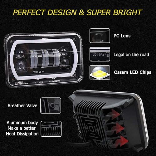 Miniatura 5 de 4 faros delanteros LED de 4 x 6 con anillo de halo blanco amarillo alto y bajo, haz sellado H4651 H6545 H4668 H4656 LED de repuesto para faros