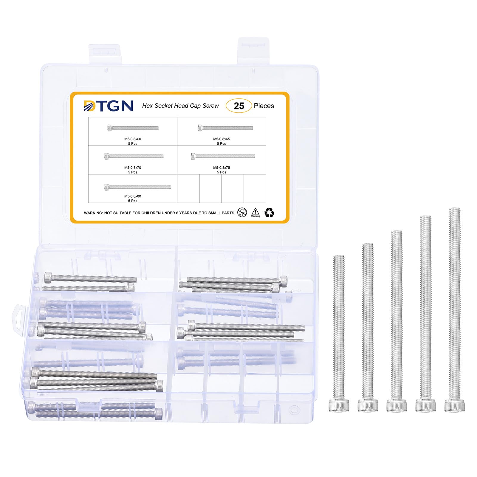 DTGN M5x0.8x60/65/70/75/80 Hex Socket Head Cap Screws Blots Assortment Kit, 25Pack, Good for Mountain Bike Auto, Motorcycle