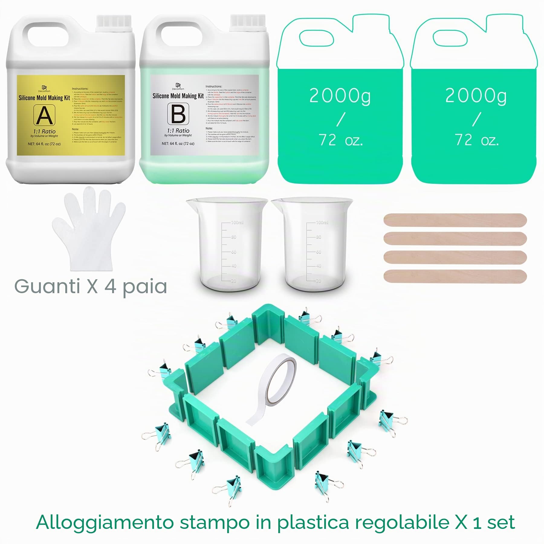 Kit Gomma di Silicone - 2kg /3.8L Silicone Liquido con Alloggiamento Stampo Regolabile per Realizzazione di Stampi in Silicone - 1:1 Rapporto Silicone per Stampi Resina DIY, Creazione Gioielli