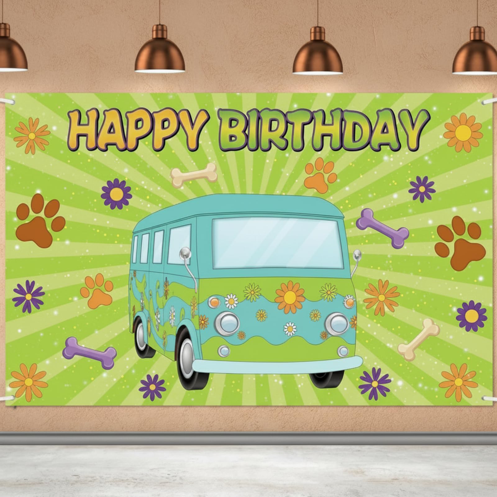 MotiMind Mysterious Dog Party Supplies Cartoon Car Happy Birthday Backdrop Groovy Daisy Banner Hippie Paw Print Photo Background Poster for Retro