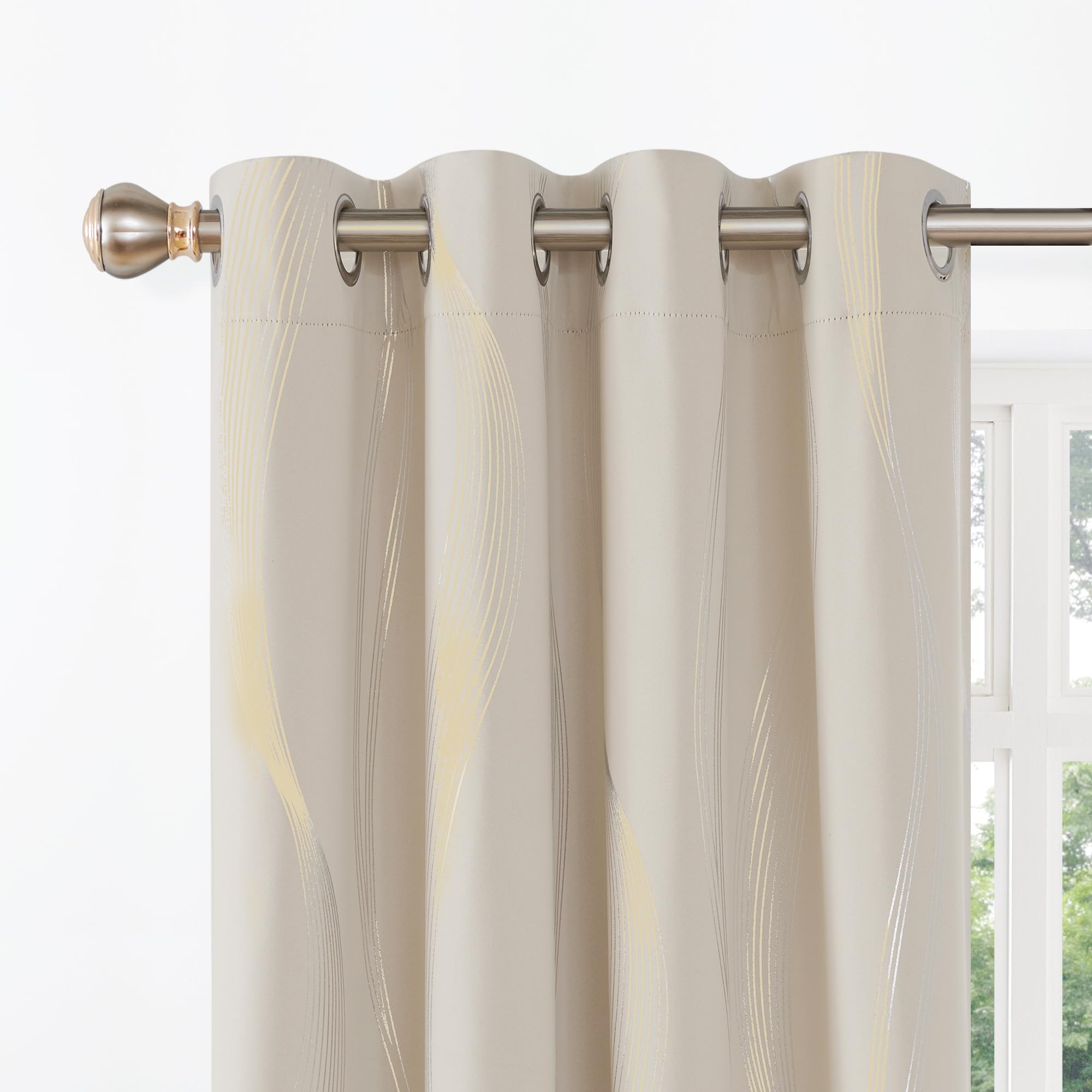Deconovo Blackout Eyelet Curtains Thermal Insulated Gold Wave Line Foil Printed Curtains for Bedroom Light Beige W52 x L108 2 Panels — image 1
