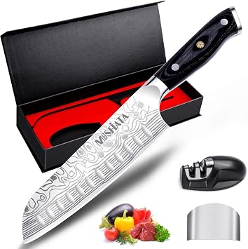 MOSFiATA 8" Chefs Knife and 7" Santoku Knife with Finger Guard and Knife Sharpener, German High Carbon Stainless Steel EN1.4116 with Micarta Handle and Gift Box