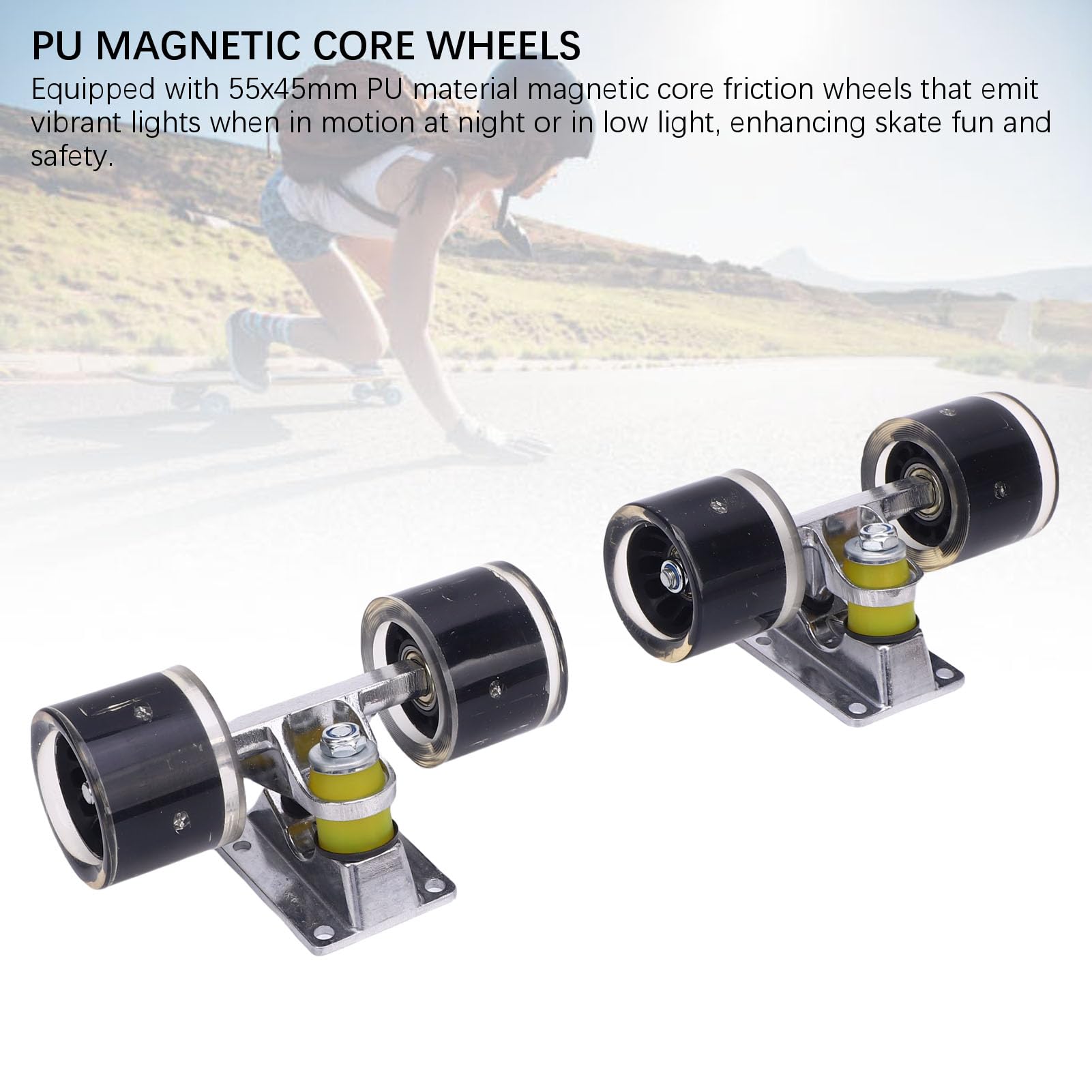 Fockety Ensemble de Trucks et Roues de Skateboard Longboard, Roues de Skateboard 55 x 45 mm, Ensemble de Trucks et Roues en Alliage d'aluminium, matériel de Skateboard pour Cruiser (Black)