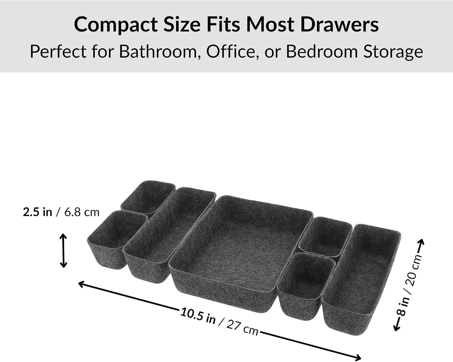 EVIDECO French Home Goods 7-Piece Felt Drawer Organizer Set - Small Storage Bins for Bathroom Organization - Compact Fit for Most Drawers - Ideal for Makeup, Brushes & Accessories - Dark Gray