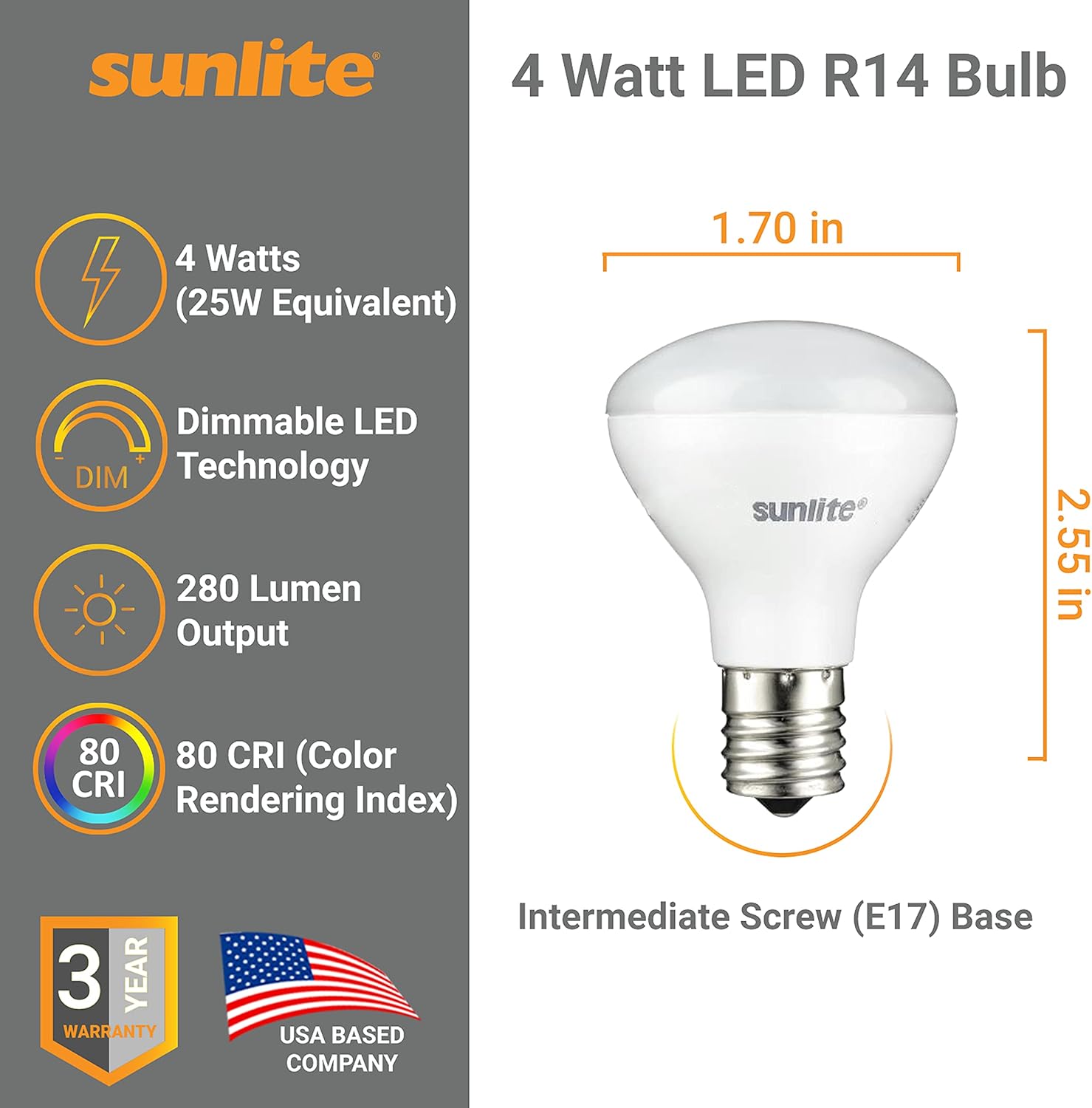 Sunlite LED R14 Mini Flood Light Bulbs, 4 Watts (25W Equivalent), 280 Lumens, Intermediate (E17) Base, Dimmable, ETL Listed, 2700K Soft White, for Curio Cabinet Light, 3 Count