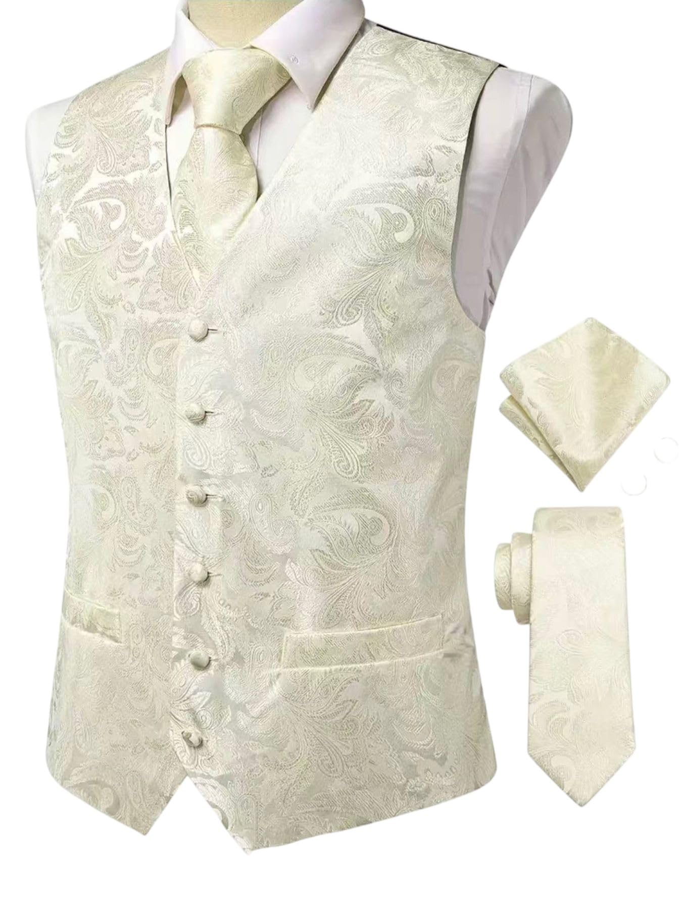 Męska kamizelka garniturowa Paisley żakardowa jednorzędowa slim fit z wiązaniem poszetką na wesela i formalne wydarzenia