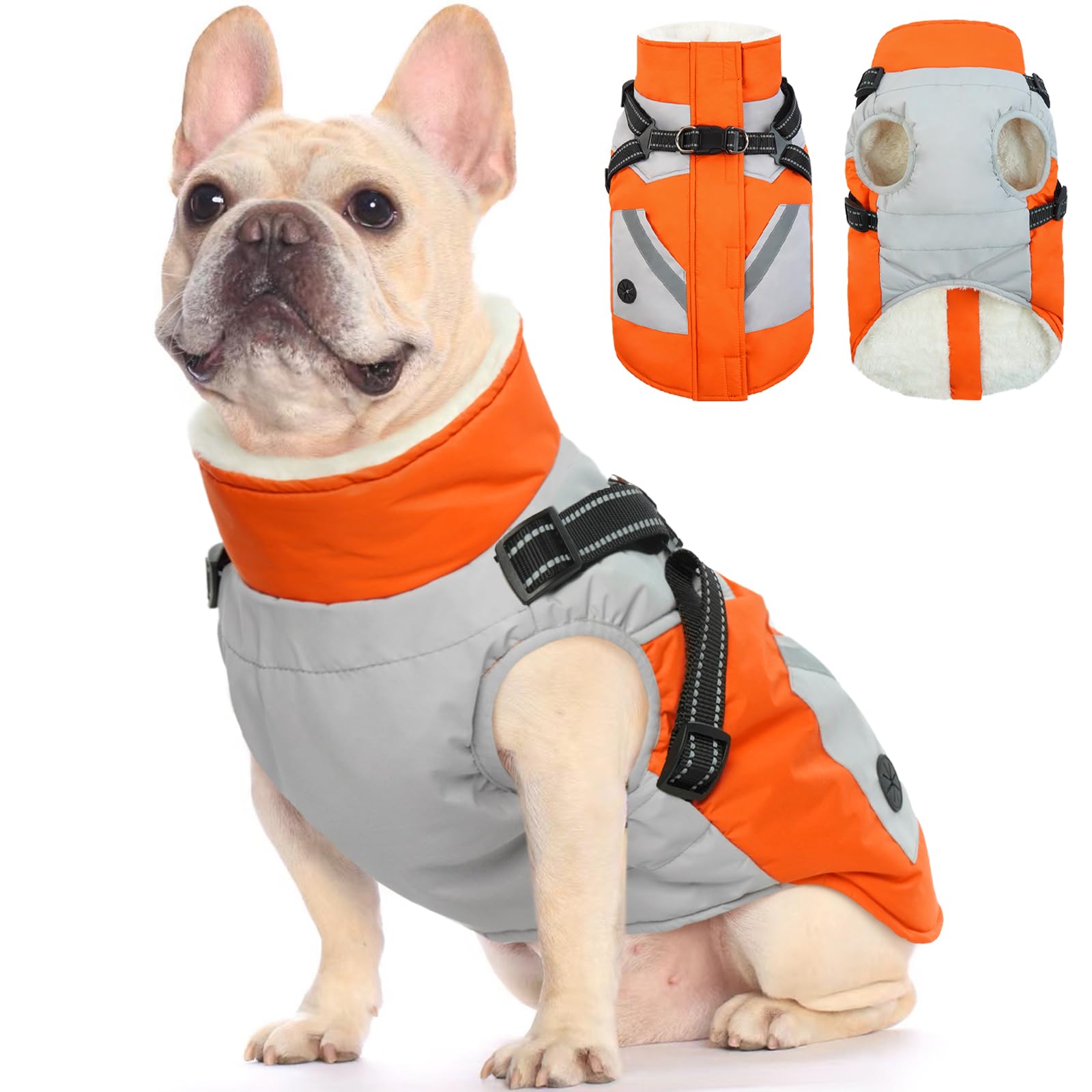 Photo 1 of FUAMEY Dog Winter Jackets for Medium Dogs,Dog Coat with Harness Built in,Waterproof Dogs Snowsuits Warm Pet Jacket Zip Up Fleece Cold Weather Coats Reflective Safety Pets Hunting Vest Orange M