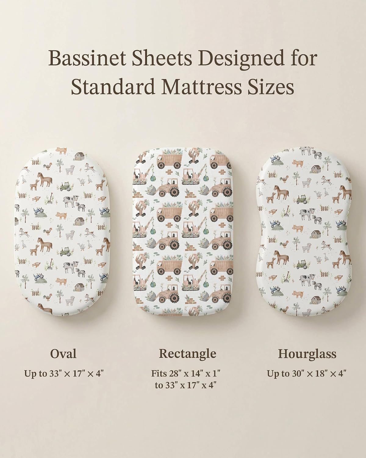 Bassinet Sheets for Baby Girls Boys 2 Pack, Fitted Baby Mattress Sheet for Rectangle, Oval, Hourglass Bassinet Mattress, Breathable Cozy & Universal Fit (Little Farm, Bassinet Sheet)