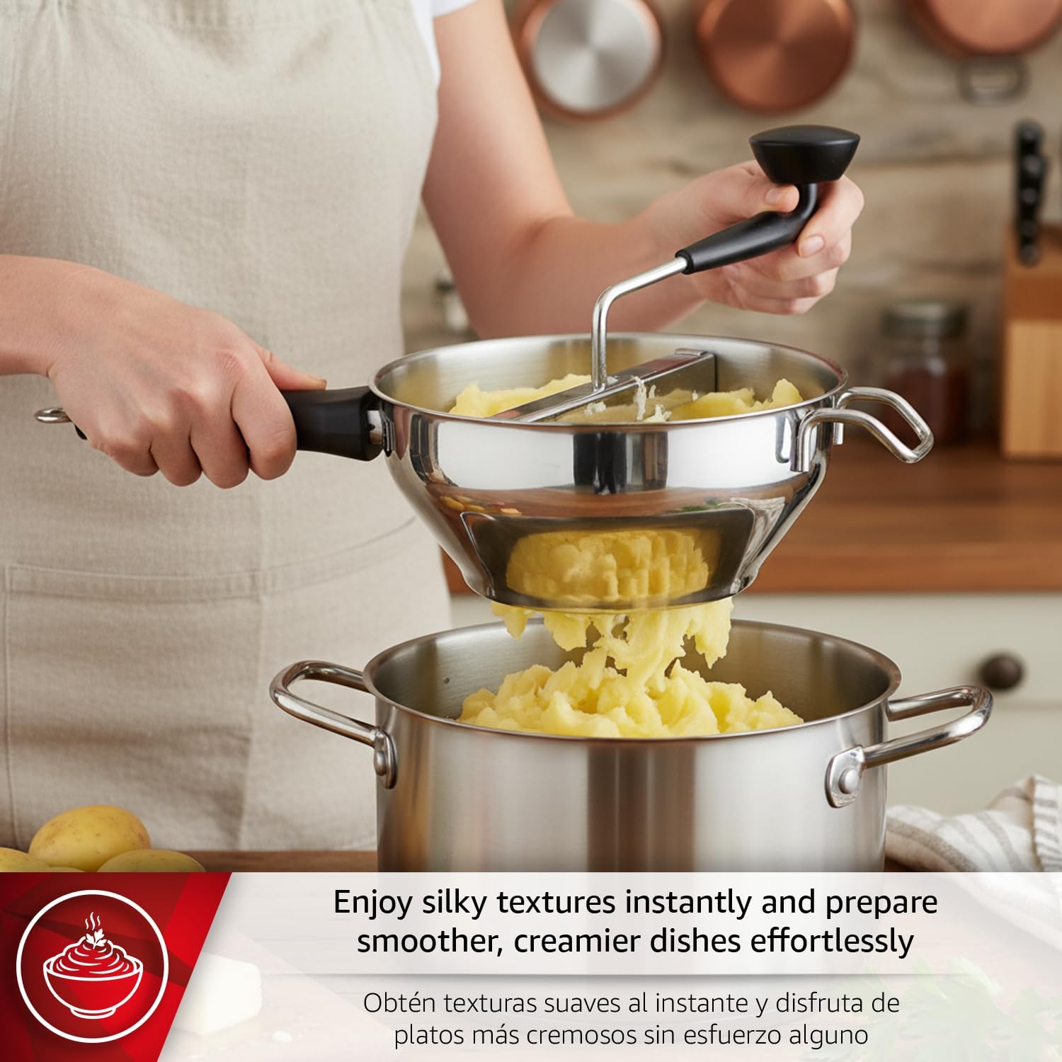 Magefesa Saucer Stainless Steel Food Mill with 3 Grinding Discs, 7.9-Inch Rotary Food Mill with Professional Hand Crank Strainer, Dishwasher Safe, Removable Blade & Propeller