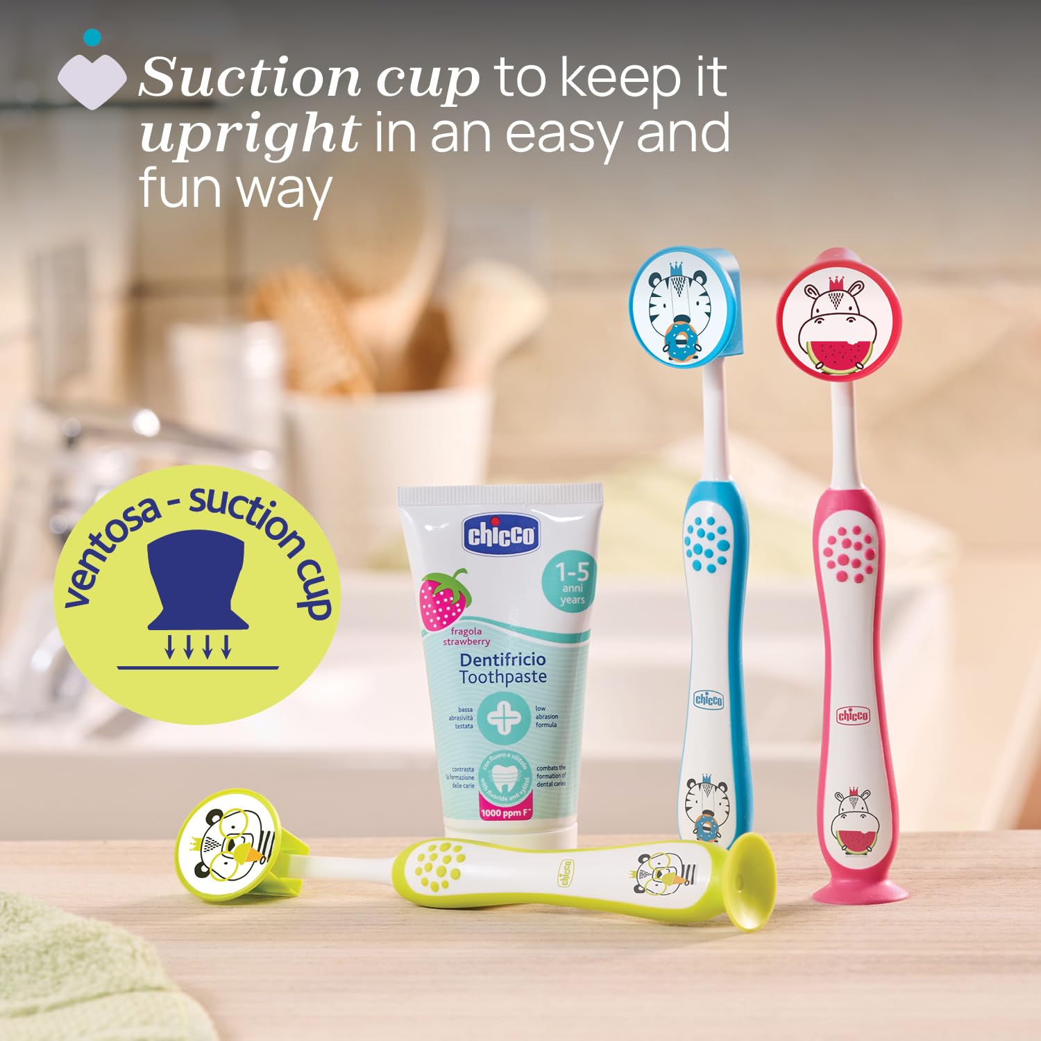 Chicco Set 2 Spazzolini da Denti per Bambini con Ventosa, Testina Arrotondata, Setole Morbide Delicate su Gengive e Dentini, Ampio Manico Antiscivolo, Coprisetole Incluso, 3-6 Anni, 2 Pezzi, Bimbo