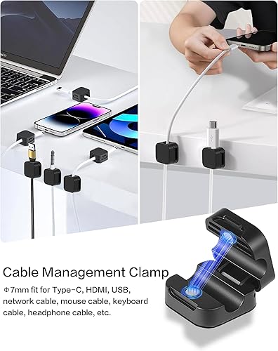 Miniatura 2 de Paquete de 10 cables de escritorio con clips adhesivos fuertes, organizador de cables magnéticos para cargar el teléfono, fácil de abrir, para Negro