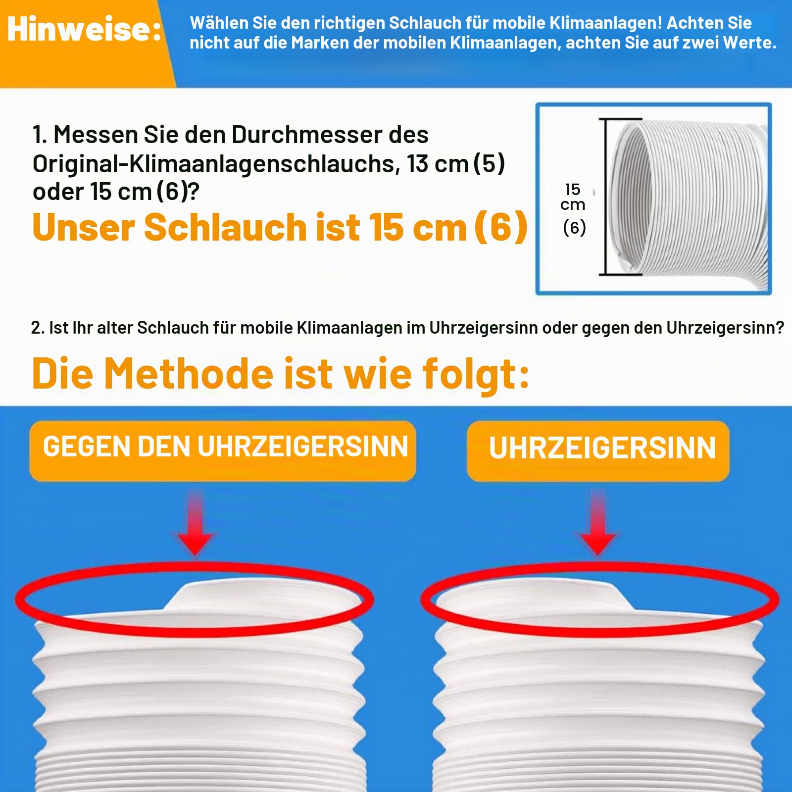 Abluftschlauch für Mobile Klimaanlage 150mm, Flexibler Klimaschlauch mit Fenster-Kompatibilität, Erweiterbar und Einfach zu Montieren für Klimageräte ﻿Im Uhrzeigersinn 15cm X 300cm