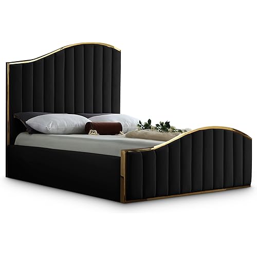 Meridian Furniture Jolie Collection Modern | Contemporary Velvet Upholstered Bed With Channel Tufting, And Polished Gold Metal Frame, Black, King