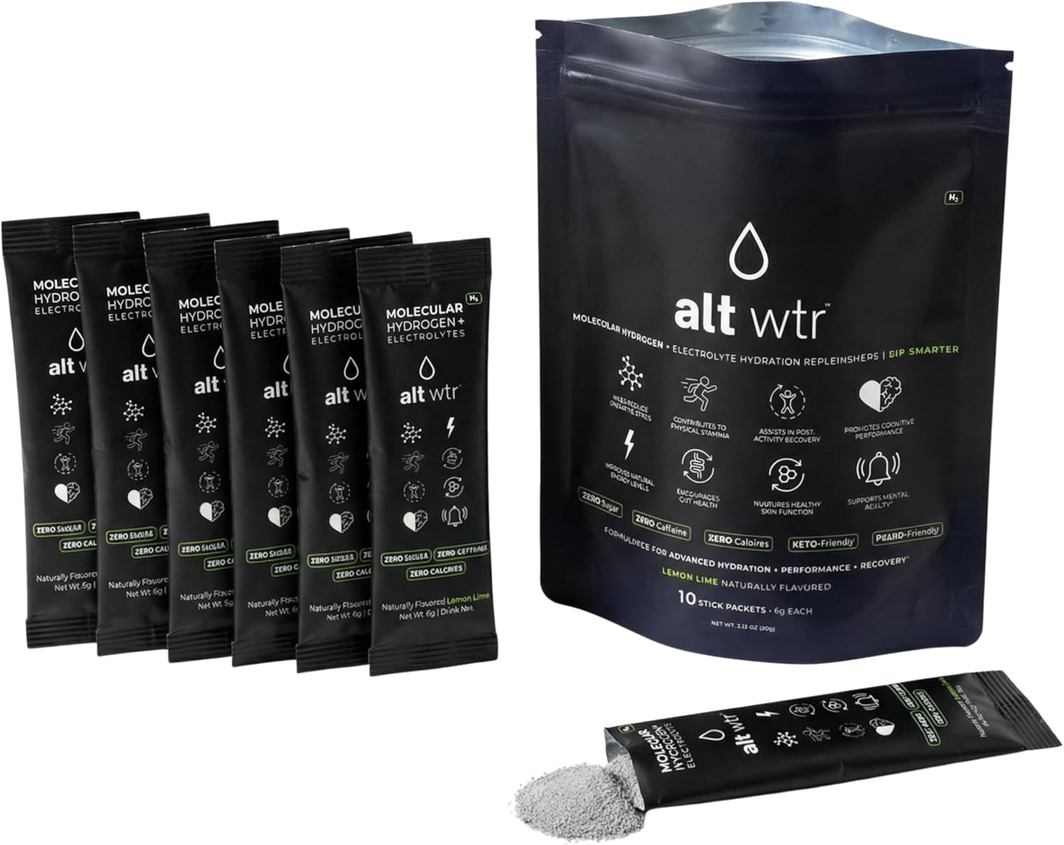 Electrolyte Hydration Powder Stick Packets | Cellular Hydration Drink Mix with 8ppm H2 | Absorption & Recovery | Zero Sugar, Zero Caffeine, Zero Calories | Lemon Lime (10 Count)