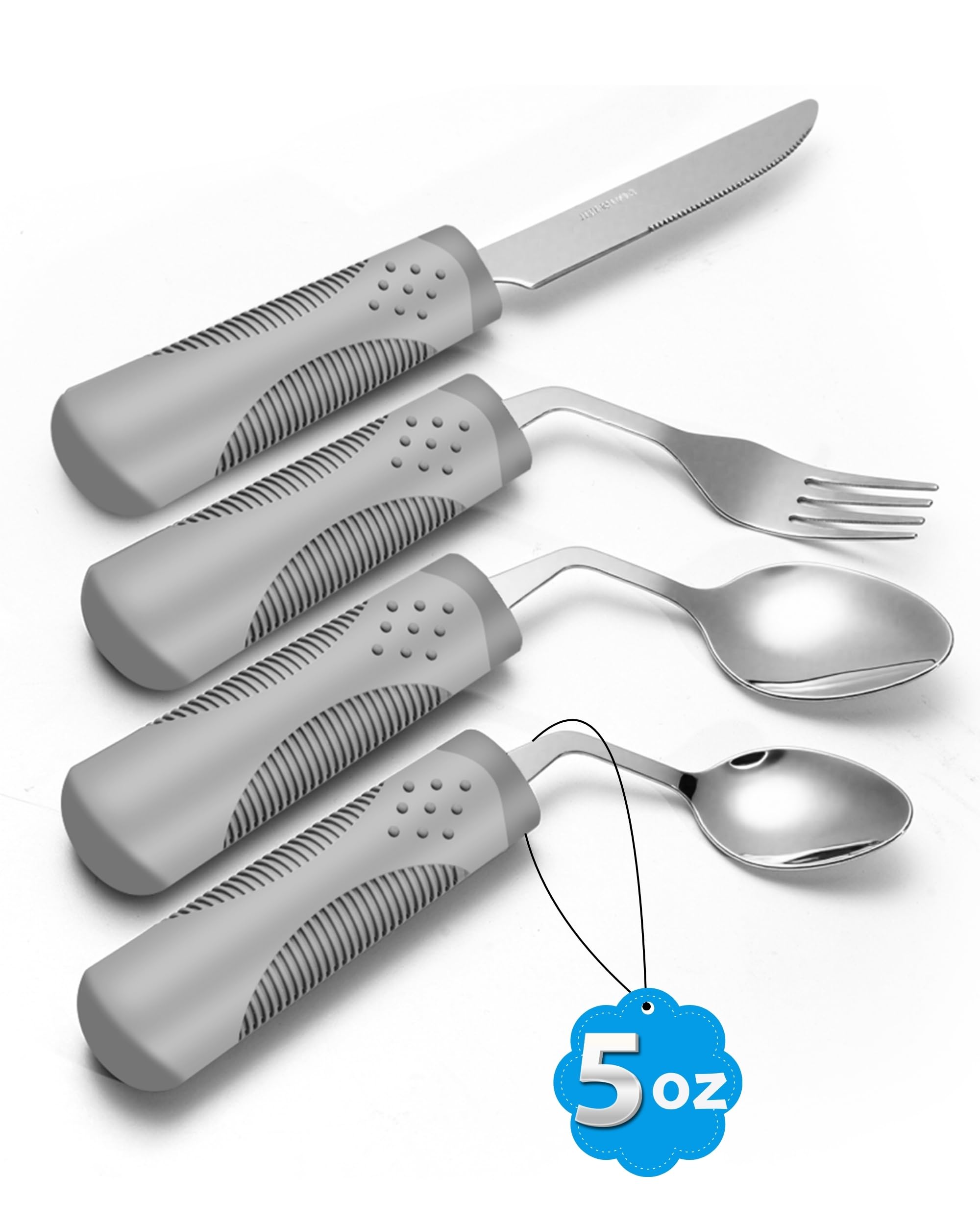 Adaptive Utensils (4-Piece Set) Weighted 5 oz - 42° Angled Utensils for Parkinson's Patients, Hand Tremors, Arthritis &amp; Elderly - Eating Utensils for Elderly (Grey: Left Handed)