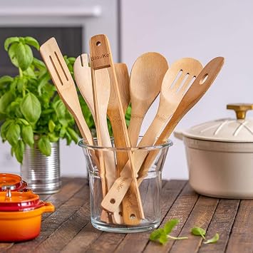 BlauKe® Wooden Kitchen Utensils Set of 7 – Bamboo Cooking Utensils for Non-Stick Cookware – Wooden Spatulas for Cooking, Wooden Spoons, Tongs