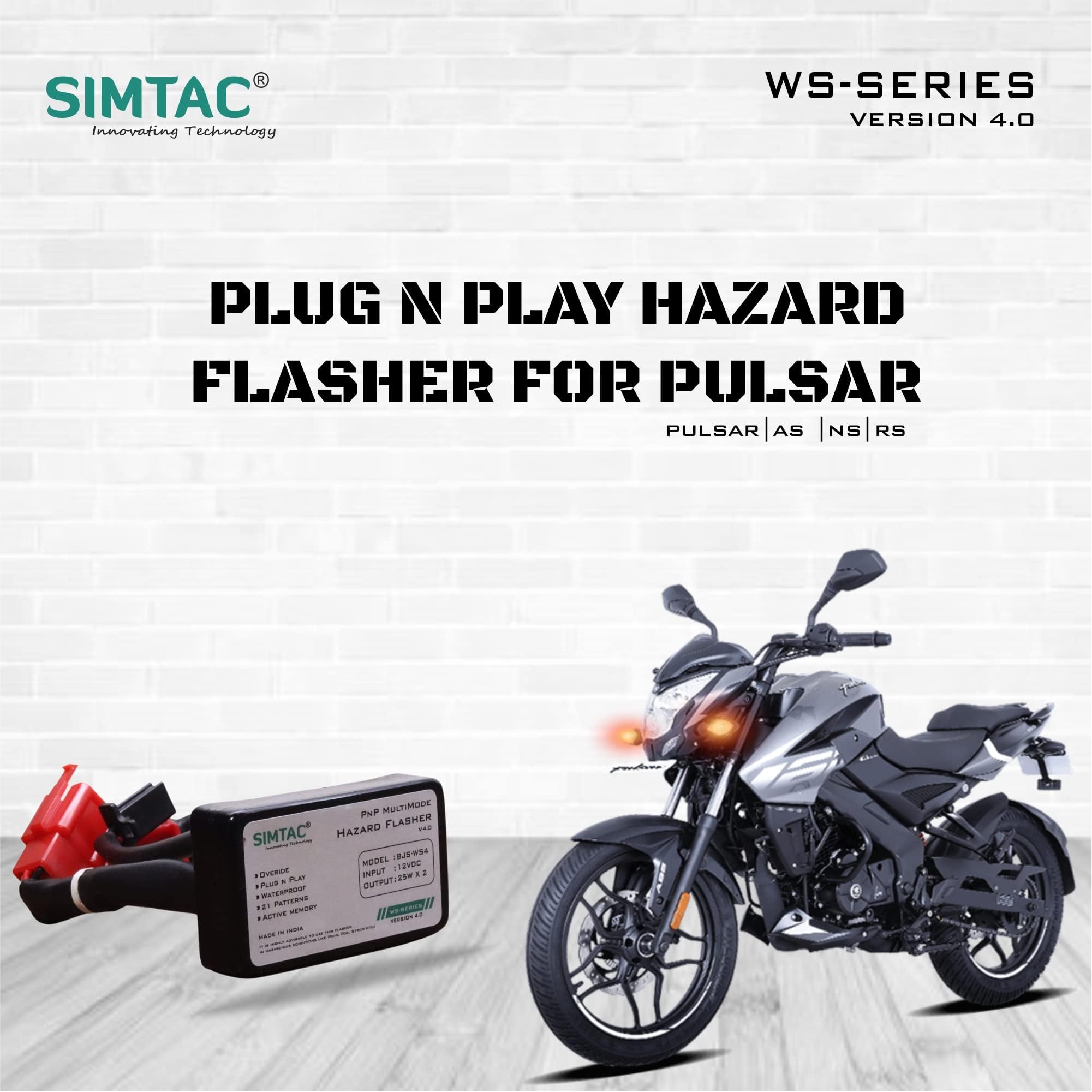 SIMTAC Compatible Waterproof Plug N Play (PNP) Hazard Module/Adapter Light/Flasher In 21 Different Flashing Patterns for Bajaj Pulsar NS/RS/AS/Vikrant (Black), LED