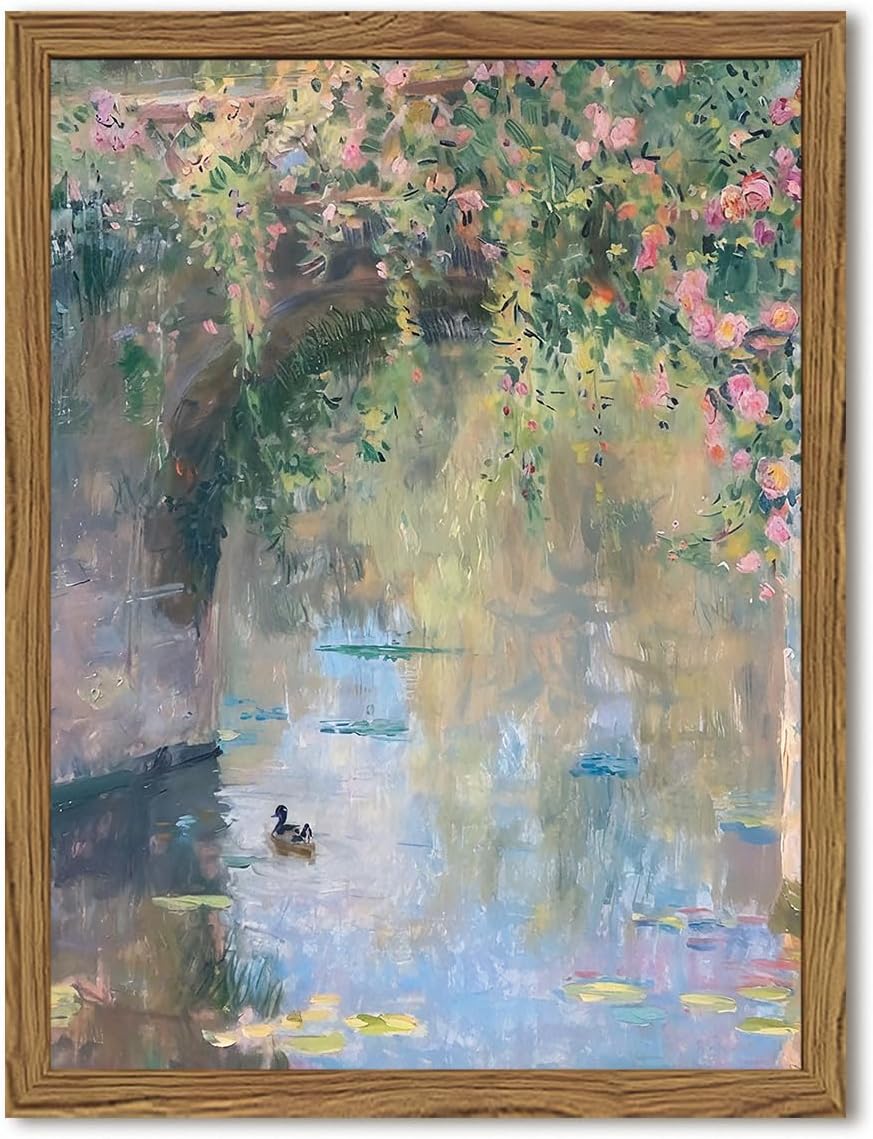 Framed Vintage Monet Canvas Wall Art 8x10 Inch - Impressionist Floral Bridge Landscape Print for Living Room Bedroom Decor
