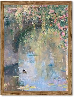 Framed Vintage Monet Canvas Wall Art 8x10 Inch - Impressionist Floral Bridge Landscape Print for Living Room Bedroom Decor