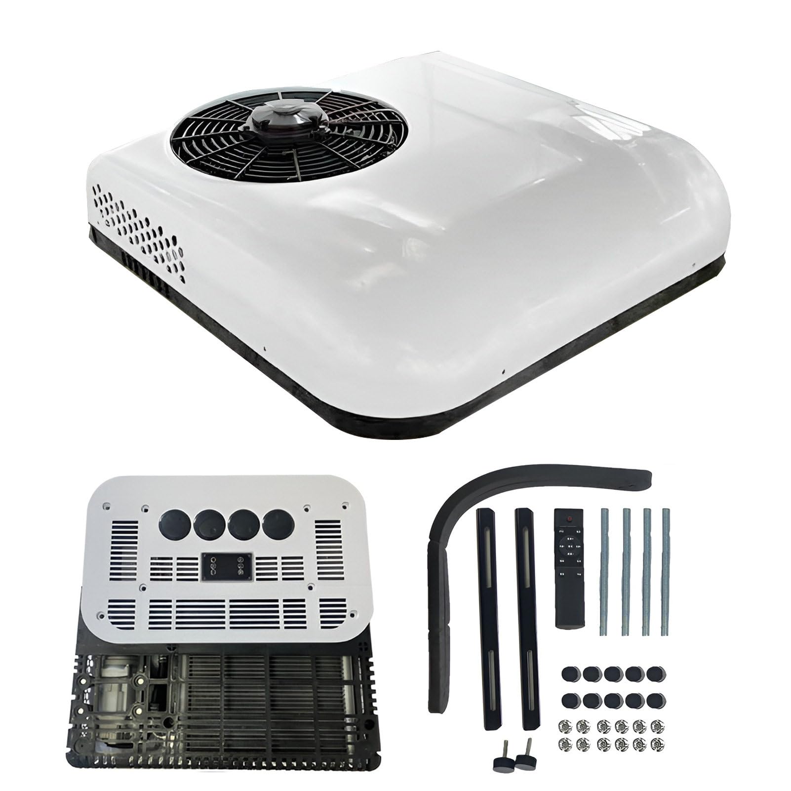 JXUANMM 12V Camper Air Conditioner RV Roof Top A/C Unit 4 Way Swing AC Unit, 10000BTU/h Quiet 12 Volt Campervan A/C Unit, Fast Cooling For Semi Truck, Motorhome, Crane, Van, Bus 12V-White