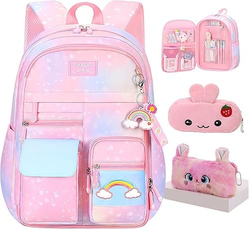 Miniatura 10 de Mochila de arcoíris para niñas y niños, linda mochila escolar para estudiantes con bolsa para bolígrafos, bolsa de viaje para portátil con diseño de