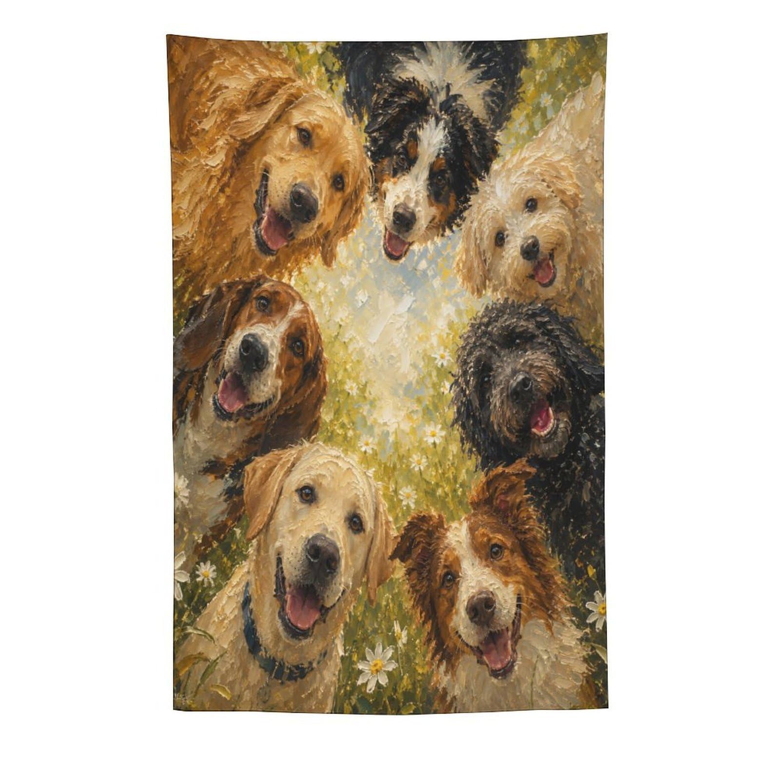 H3B8U2Y5 Happy Dogs Floral Wall Tapestry, Realistic Illustration, Dorm Room