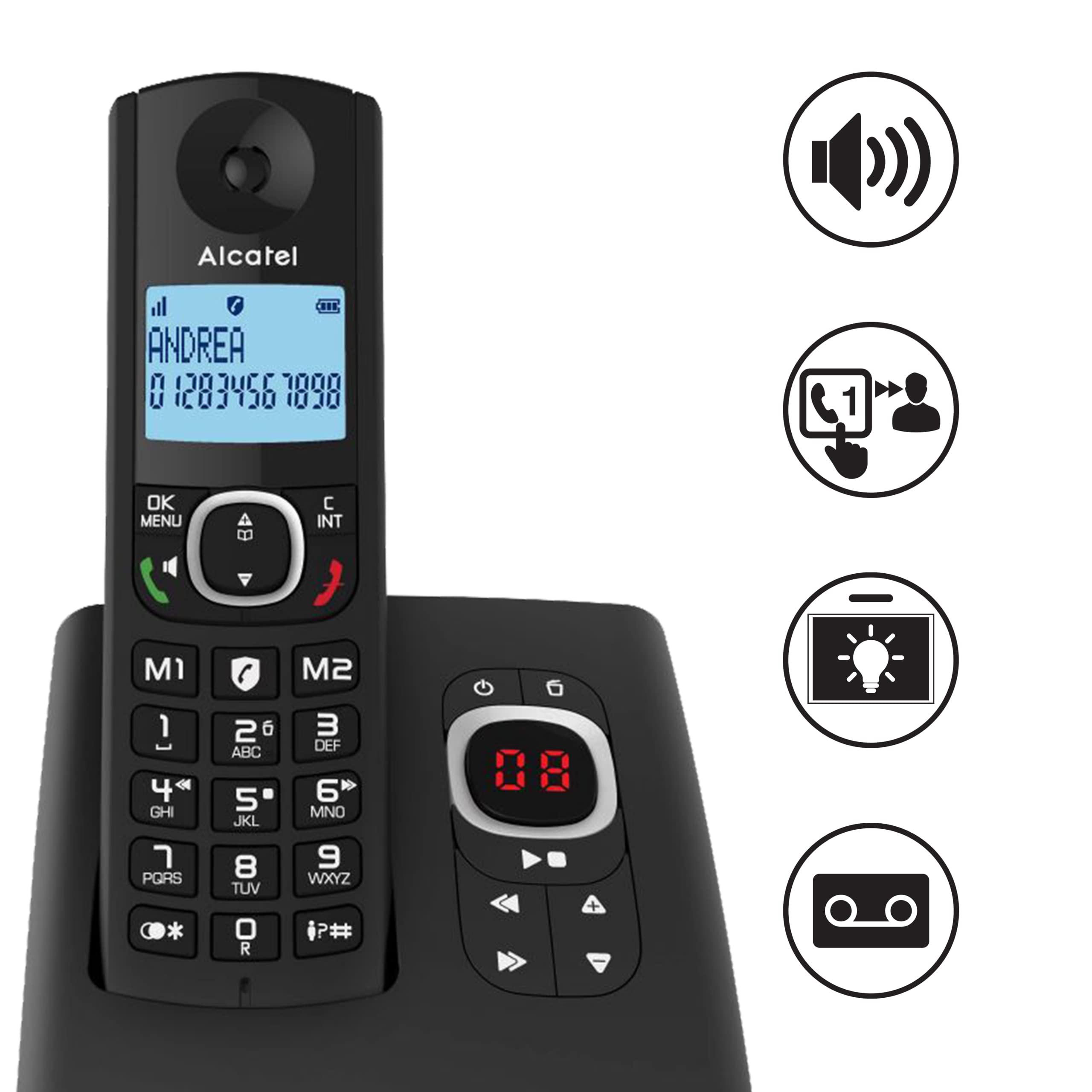 Alcatel F530 Voice Trio, telefon bezprzewodowy z automatyczną sekretarką i 3 słuchawkami, blokowanie połączeń i funkcją głośnomówiącą, czarny