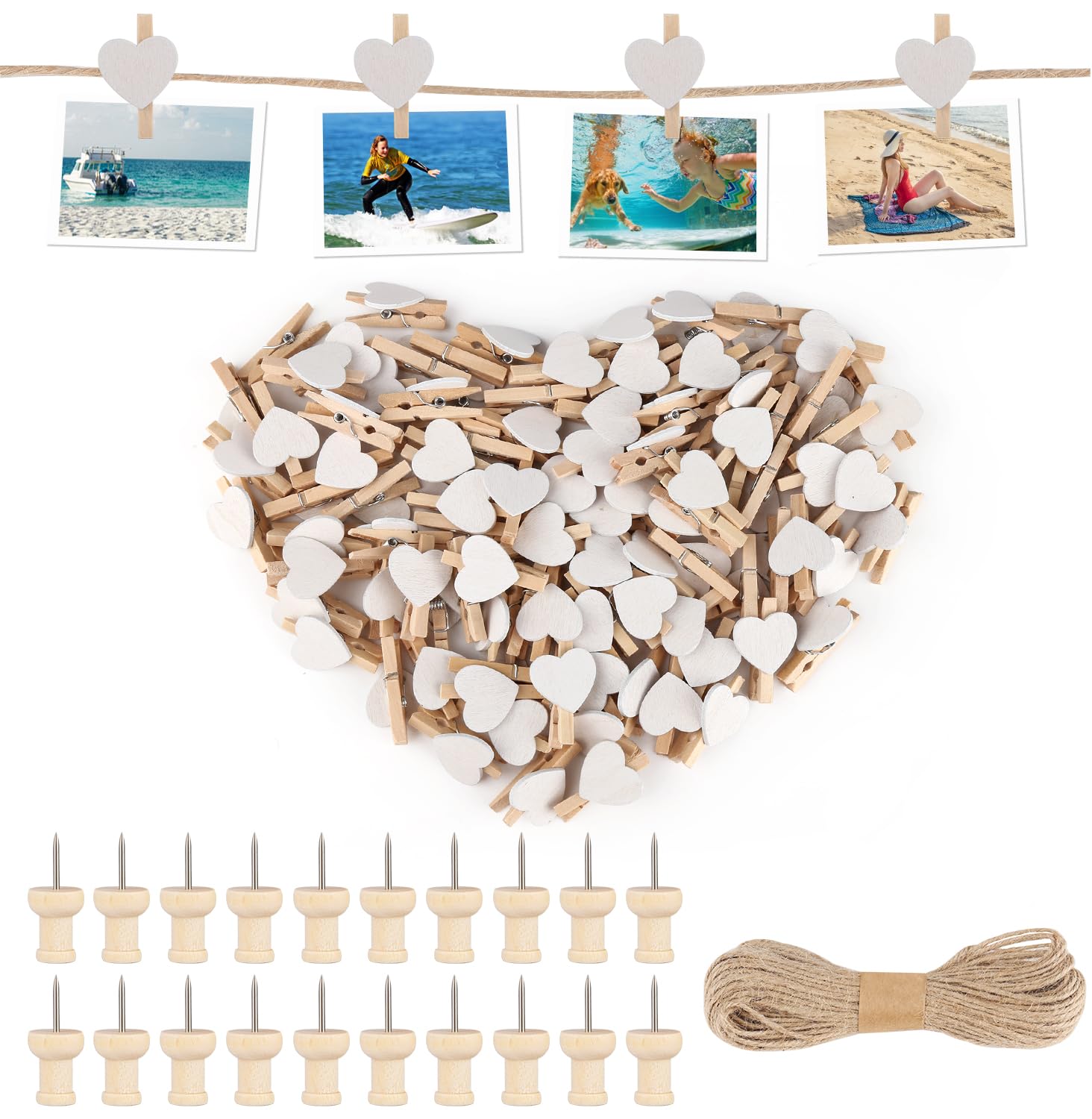 ZDNT 200 stuks mini-wasknijpers van hout, 3,5 cm, fotoclips, jute, touw 40 m en spijkers 40, voor handwerk, kunst, doe-het-zelf, decoratie, bruiloft, feest