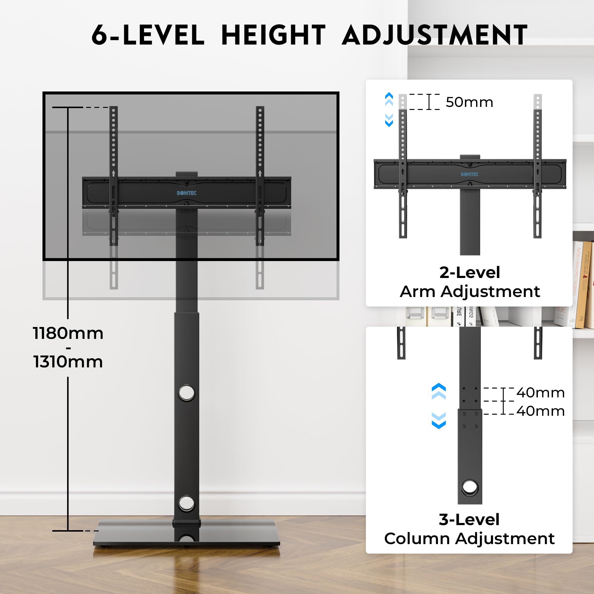 BONTEC Supporto da pavimento per TV da 30-70 pollici a LED LCD OLED al plasma piatto curvo, altezza regolabile alto TV Stand con staffe fino a 40kg, Max VESA 600x400mm.