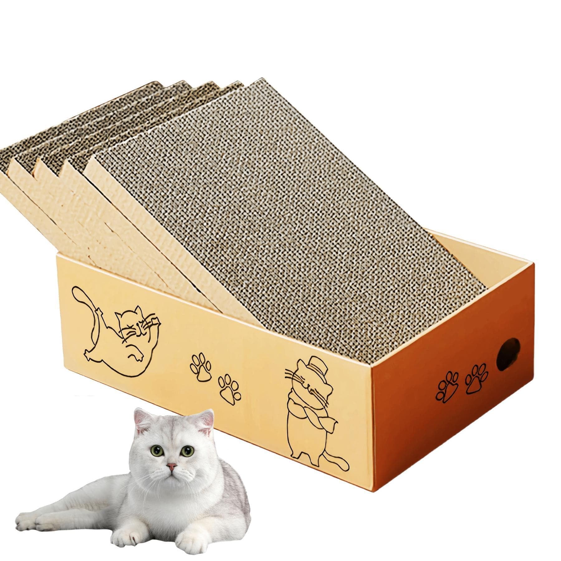 Cat Scratching Board with Box, 5 Layers Design Cat Scratching Pad, Reversible Cat Scratcher Cardboard Lounge Bed, Corrugated Cardboard Scratcher for Indoor Kitty