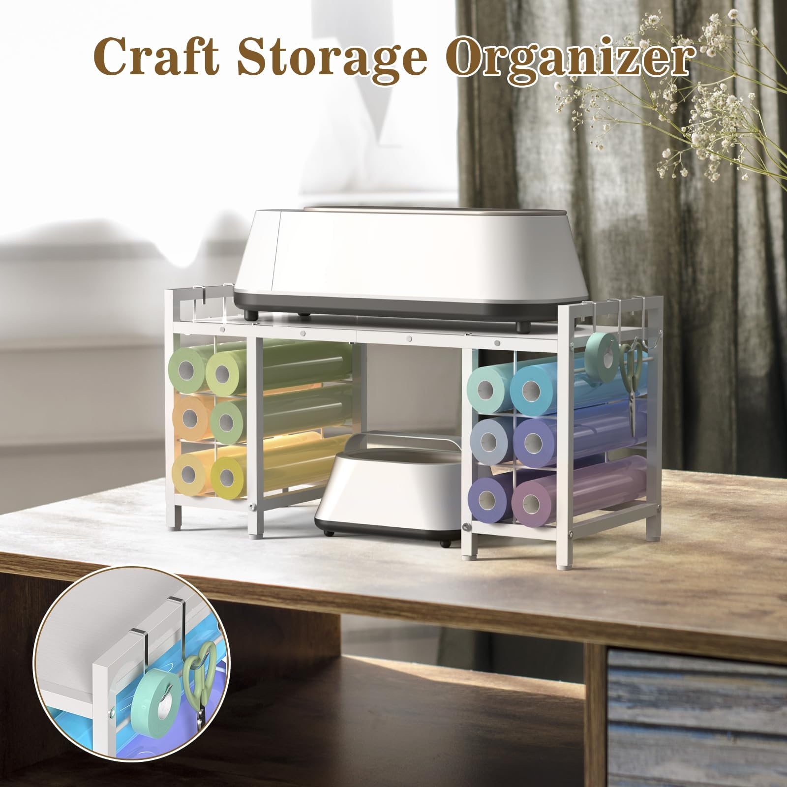 LIANTRAL Mesa de Almacenamiento con 12 Soportes para Rollos de Vinilo, Estante de Almacenamiento para Manualidades, Color Blanco
