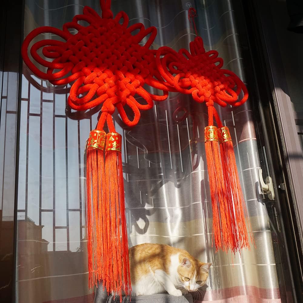 1PCS 32Inch Red Flannel Chinese Knot Tassel Chinese New Year Decorations for Party Wedding Supplies Spring Festival Decorations Mid-Autumn Moon Festival Wedding Party Ornaments, Width -16 In