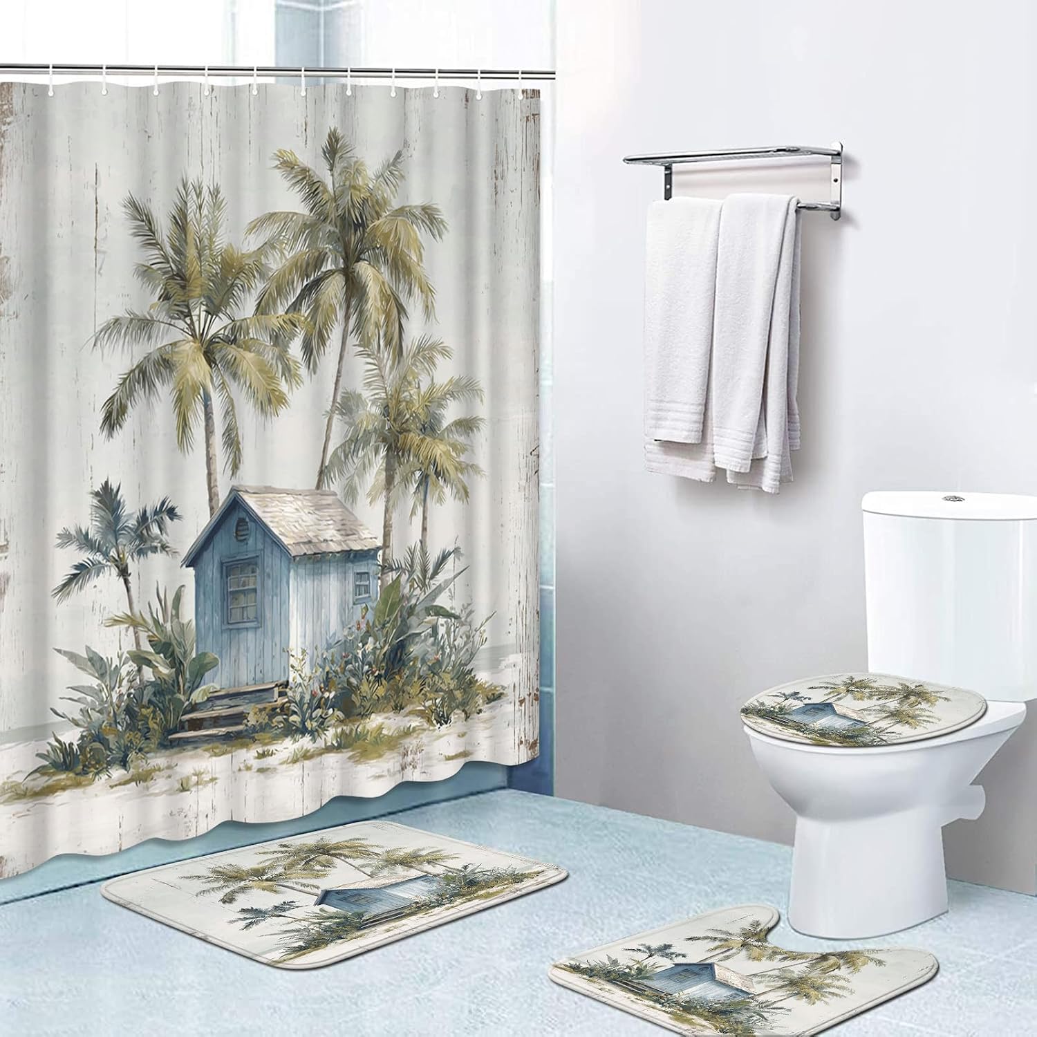 4 Pcs Coastal Palm Tree and Blue Hut Shower Curtain Set with Rug Toilet Lid Cover and Bath Mat Tropical Design for Beachy Bathroom Decor Includes 12 Hooks