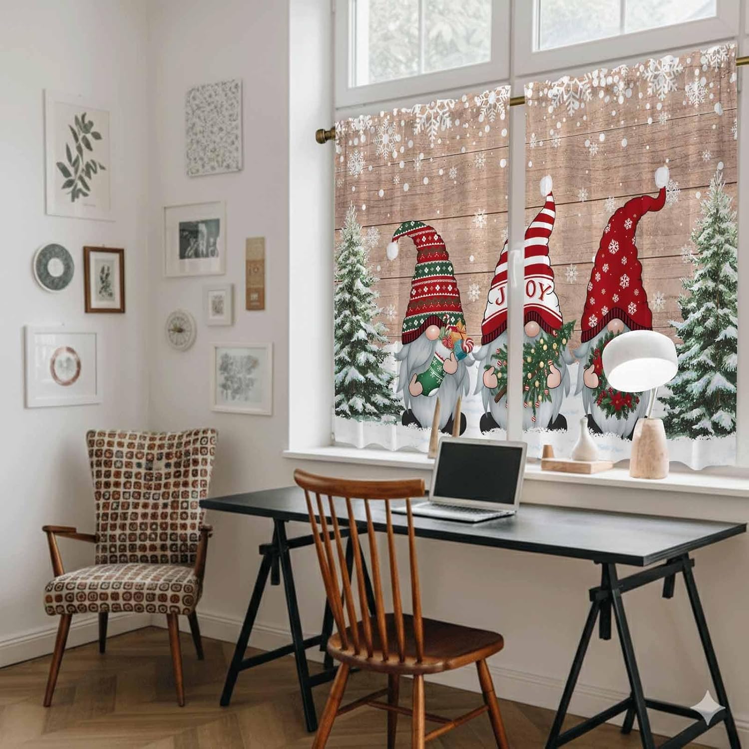Christmas Gnomes Kitchen Tier Curtains 45 Inch Long 2 Panel Set,Rod Pocket Short Window Treatment,Xmas Trees Snowflake Brown Wooden Curtains & Drapes for Bathroom Basement 27.5"W x 45"L