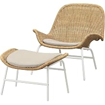 IKEA Rattan Berjer Koltuk ve Puf, Beyaz Metal  er eve, Do al Rattan, Krem D eme