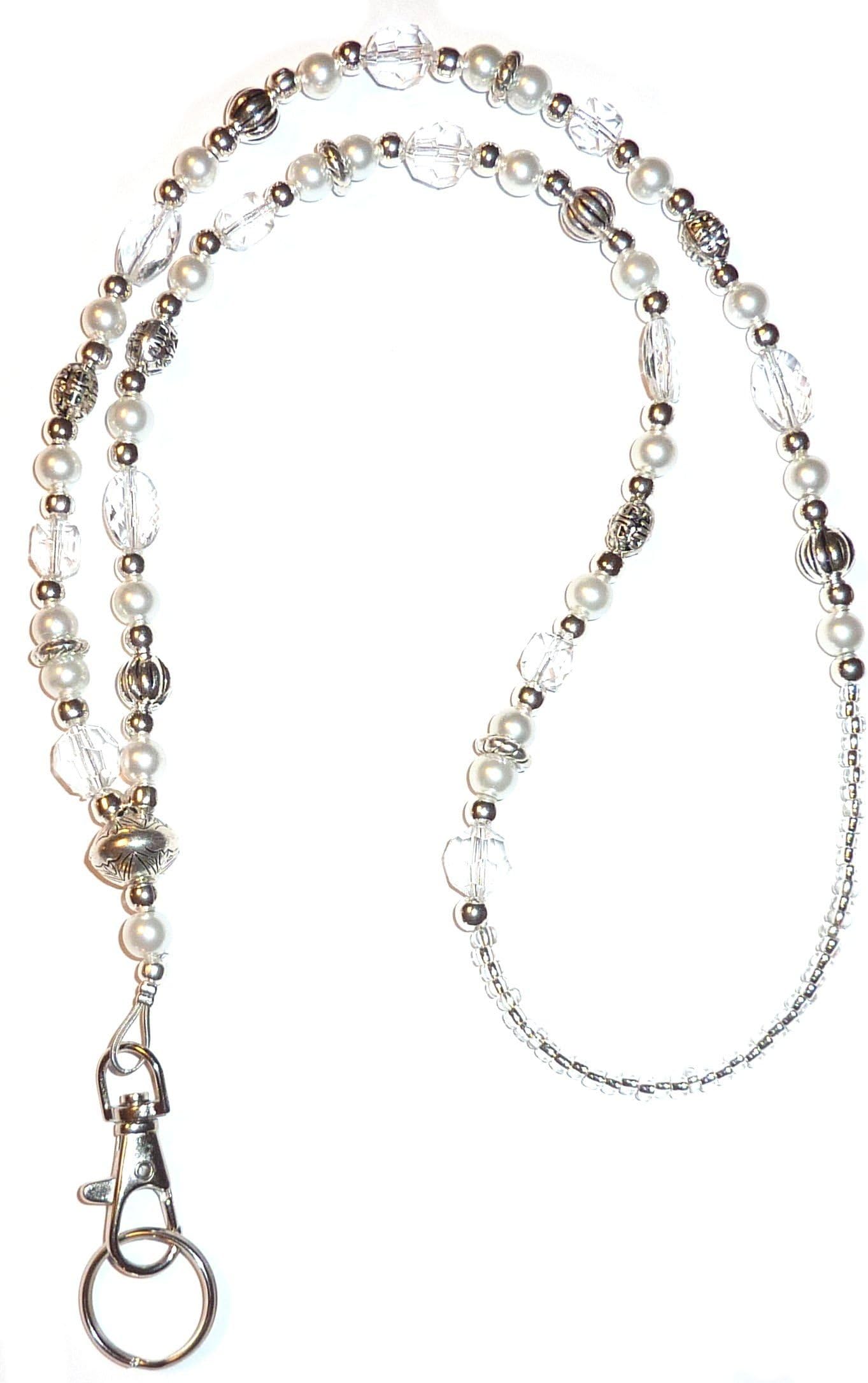Hidden Hollow Beads Pearl & Rhinestone Women's Beaded Fashion Lanyard 34 Inches, USA, Teacher ID Badge Holder Keys Cruise (White Pearl - Non Breakaway - Stronger)