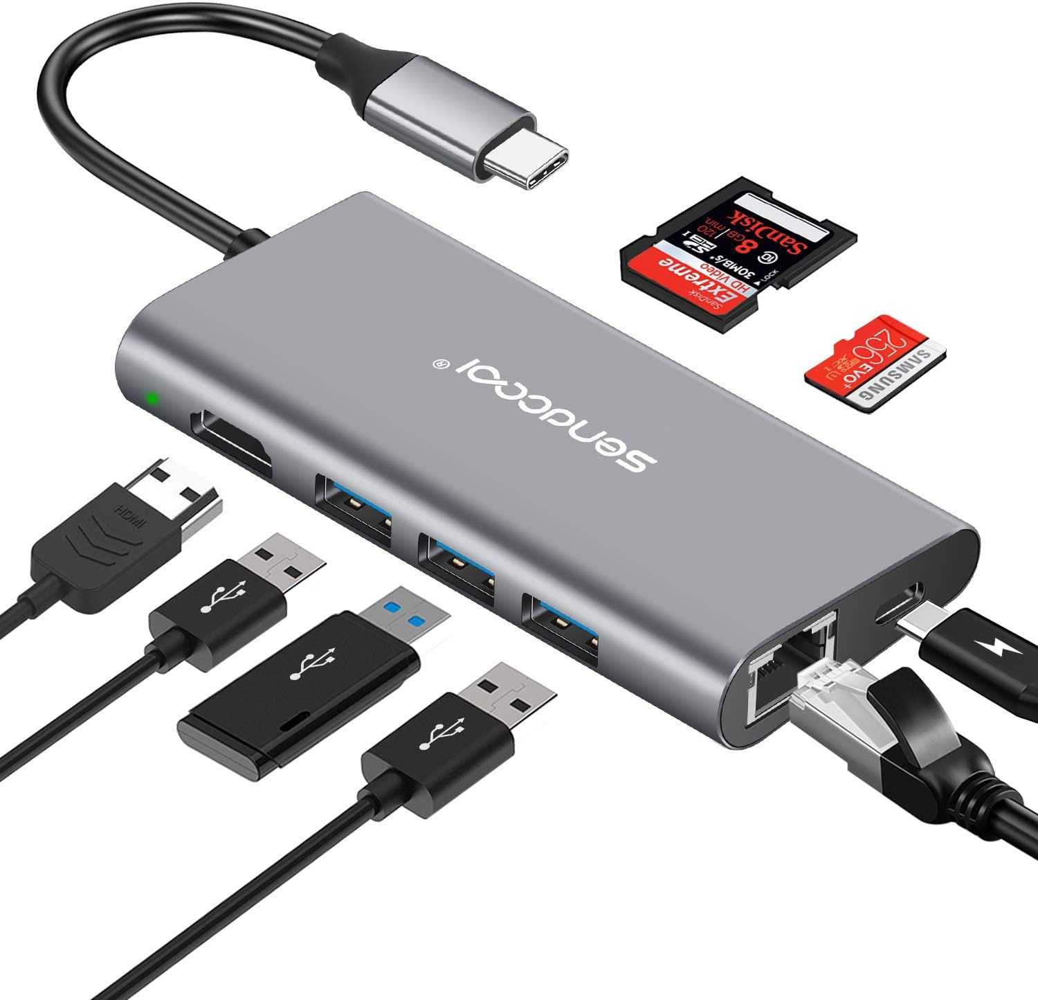 USB C Hub 8 In 1 - Type C Hub with Ethernet Port, 2 USB 3.0 Ports, 1 USB 2.0 Ports, SD/TF Card Reader, 4K USB C to HDMI, USB C Power Delivery, Portable for Mac Pro and Other Type C Laptops(Space Gray)