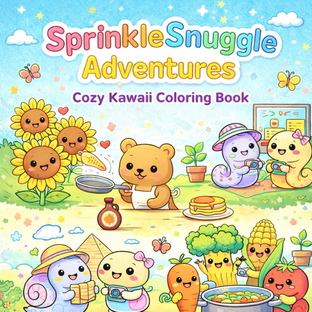 SprinkleSnuggle Adventures Cozy Kawaii Coloring Book: Bold and Easy Cute Scenes with Animals, Food & Plants
