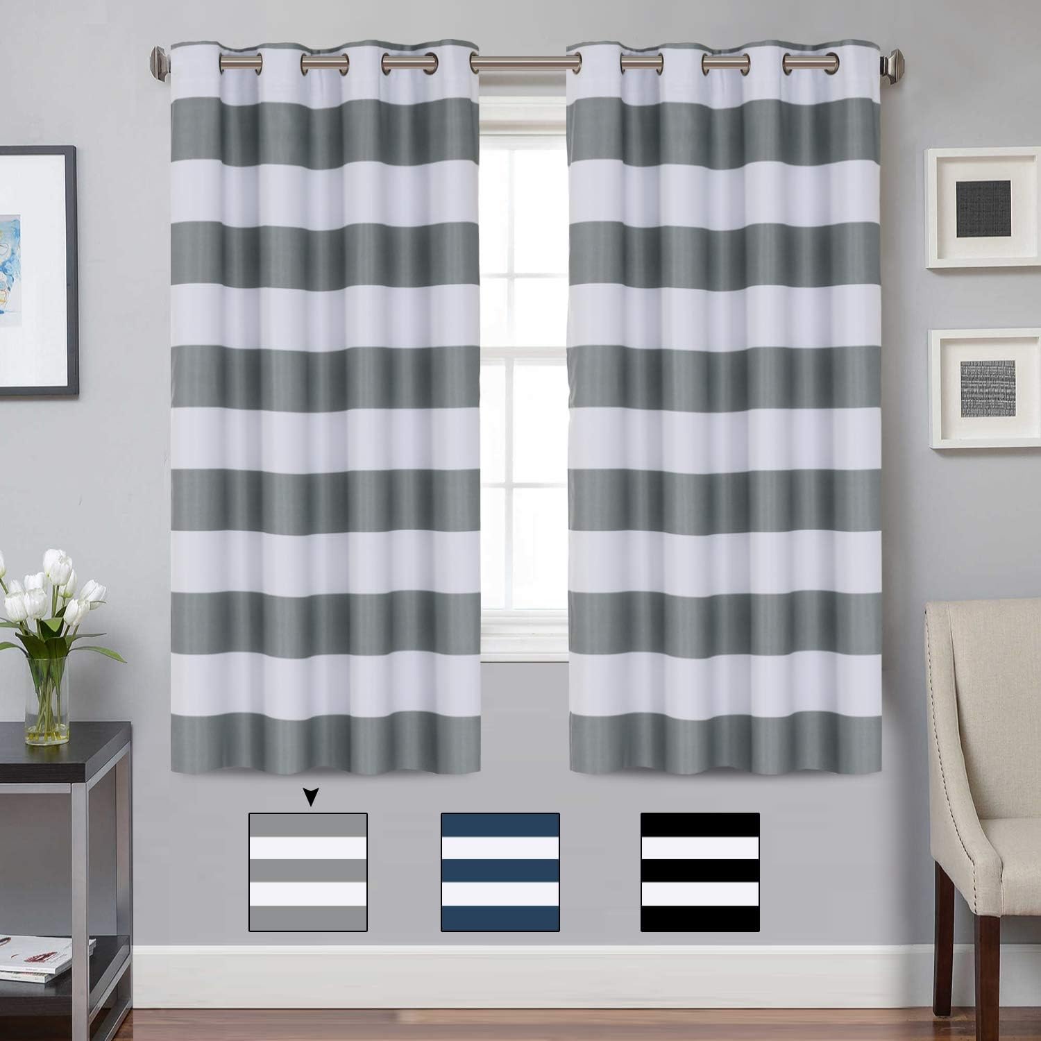Turquoize Striped Curtain Room Darkening Grommet Unlined Window Curtains Light Blocking Curtains, 52W by 63L Inch, Wave Stripes Pattern, Gray & White, Sold by Pair