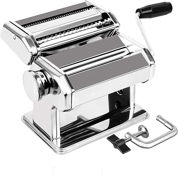 Delgeo Pasta Maker Machine-3 in 1 Stainless Steel Pasta Machine (8 Thickness Settings),for Fettuccine/Spaghetti/Lasagne/Dough,Silver 150