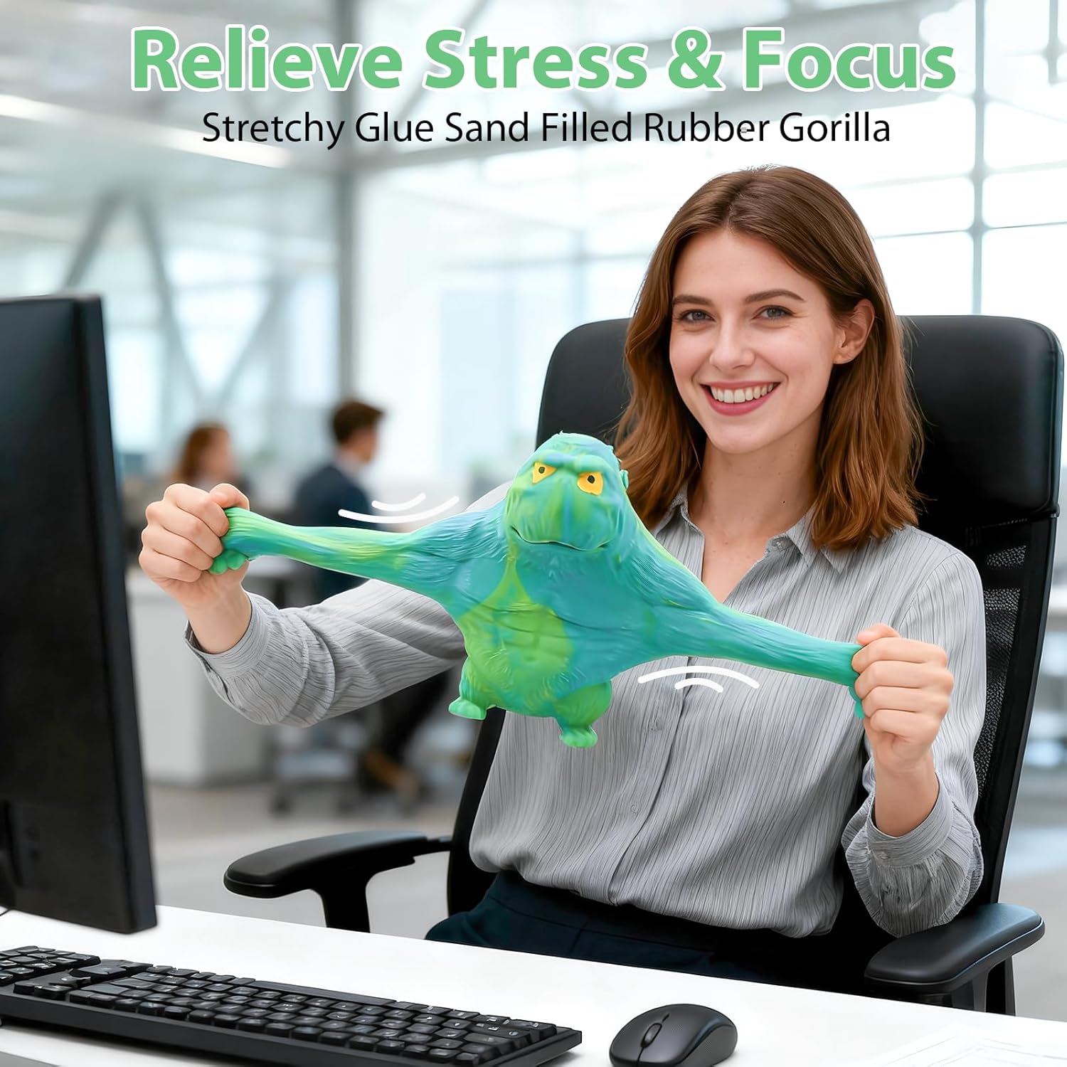 Stretchy Squishy Monkey Gorilla Toy - Pull, Squish & Relax! Durable Elastic Rubber Stress Relief Fidget Toys for Kids & Adults, Fun Birthday (Green)