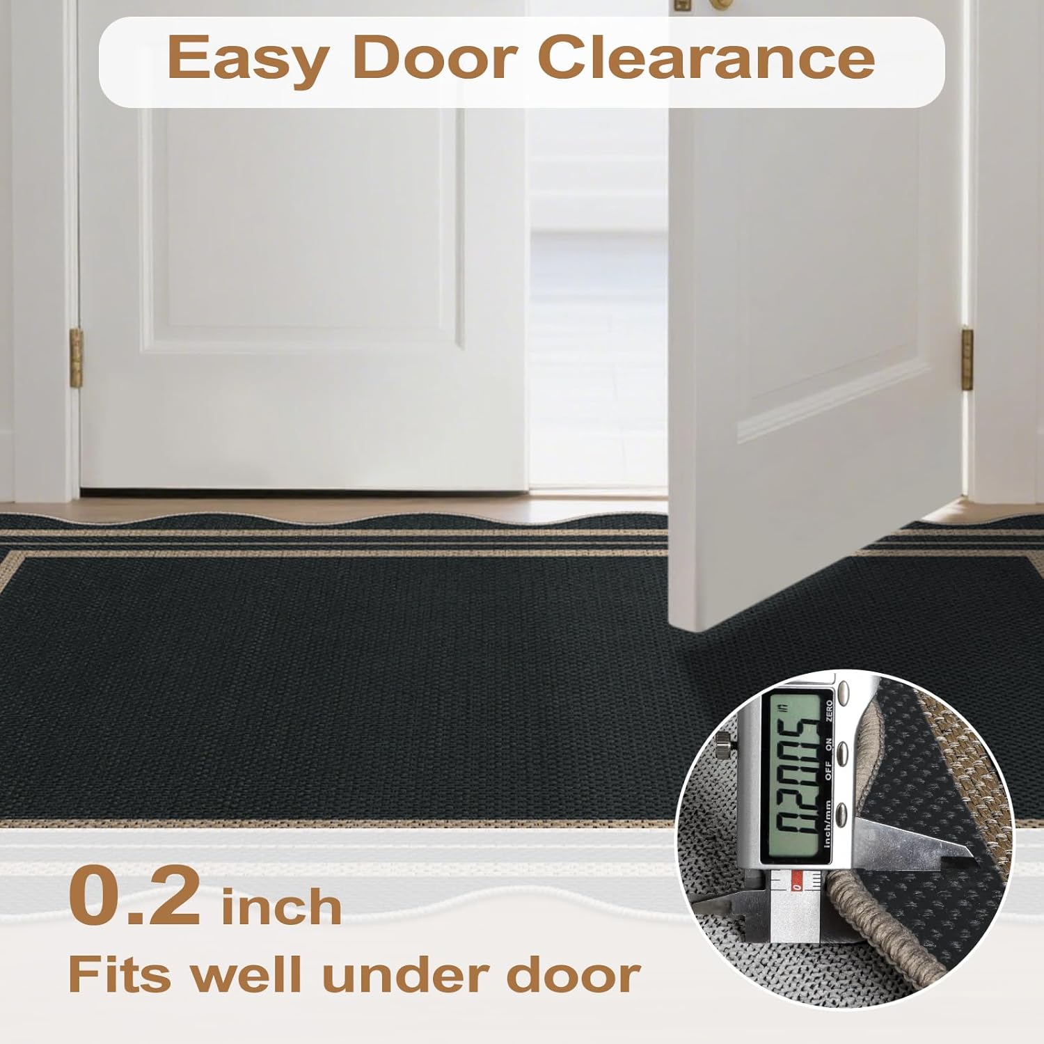 Easy Jute 3x5 Outdoor Patio Rug, Washable Rugs for Entryway Black Modern Indoor Kitchen Rugs, Farmhouse Neutral Non Slip Scalloped Carpet for Living Room Backyard