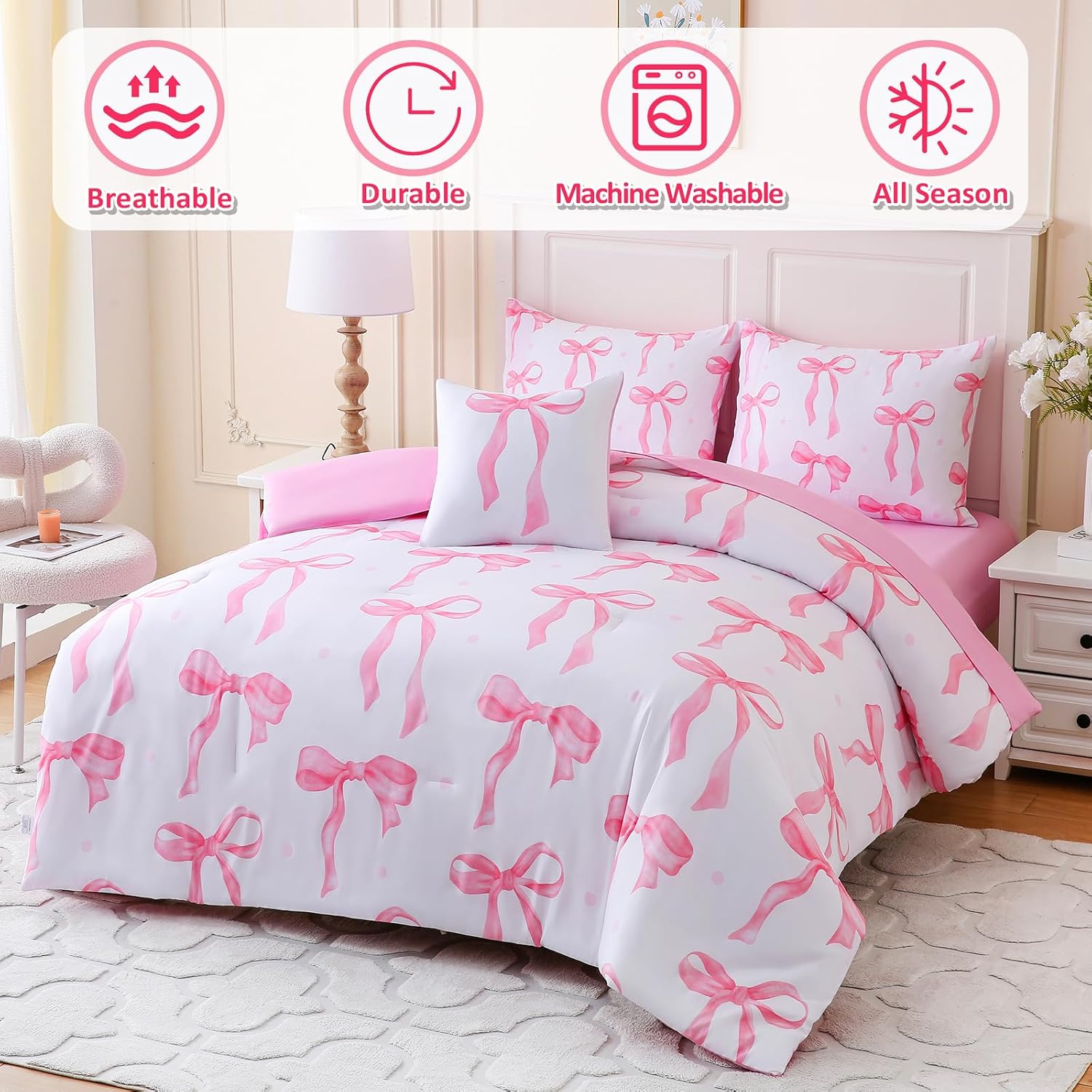 Full Size Comforter Sets Pink Bed in a Bag for Girls,6 Pieces Bow Comforter Set with Sheets,Bow Full Bedding Sets for Kids