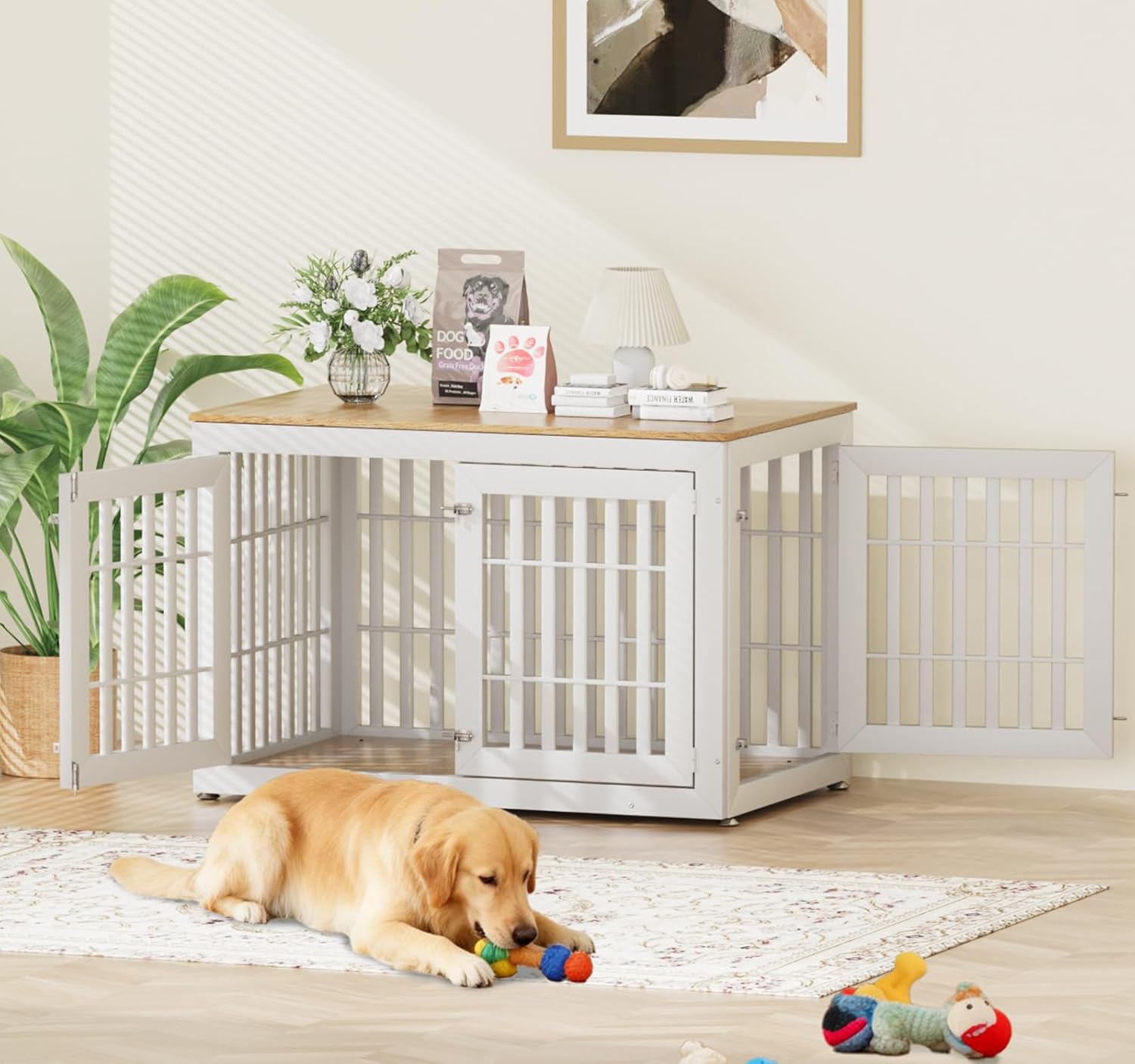 Snuowu 48" Heavy-Duty Dog Crate Furniture for Large Dogs, XXL Wooden Dog Cage Kennel Indoor Furniture, Decorative Pet House End Table, White & Wood