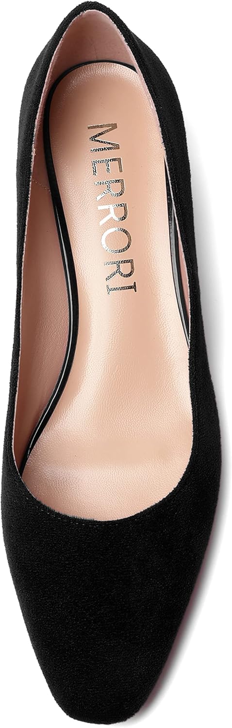 MERRORI Womens Square Toe Suede Casual Slip On Office Chunky Low Heel Pumps Shoes 1.5 Inch